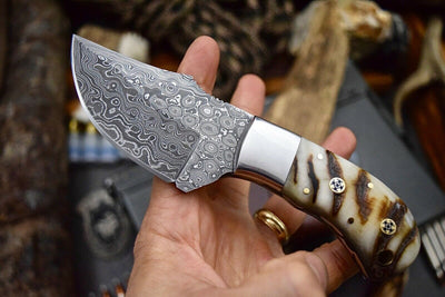 Premium Custom Skinning Knife | Raindrops Damascus Blade & Sheep Horn Handle | 7.2 Inches | Includes Leather Sheath | KBS Knives - Korvel