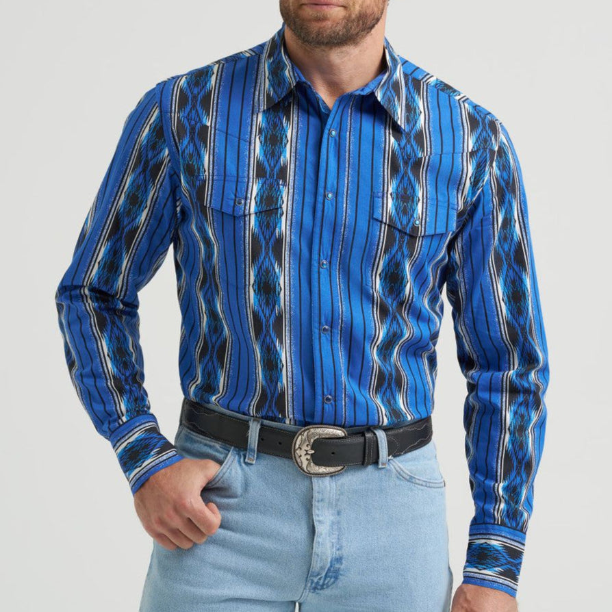 Wrangler Men's Blue Aztec Long Sleeve Shirt - Korvel