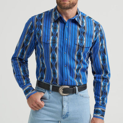 Wrangler Men's Blue Aztec Long Sleeve Shirt - Korvel