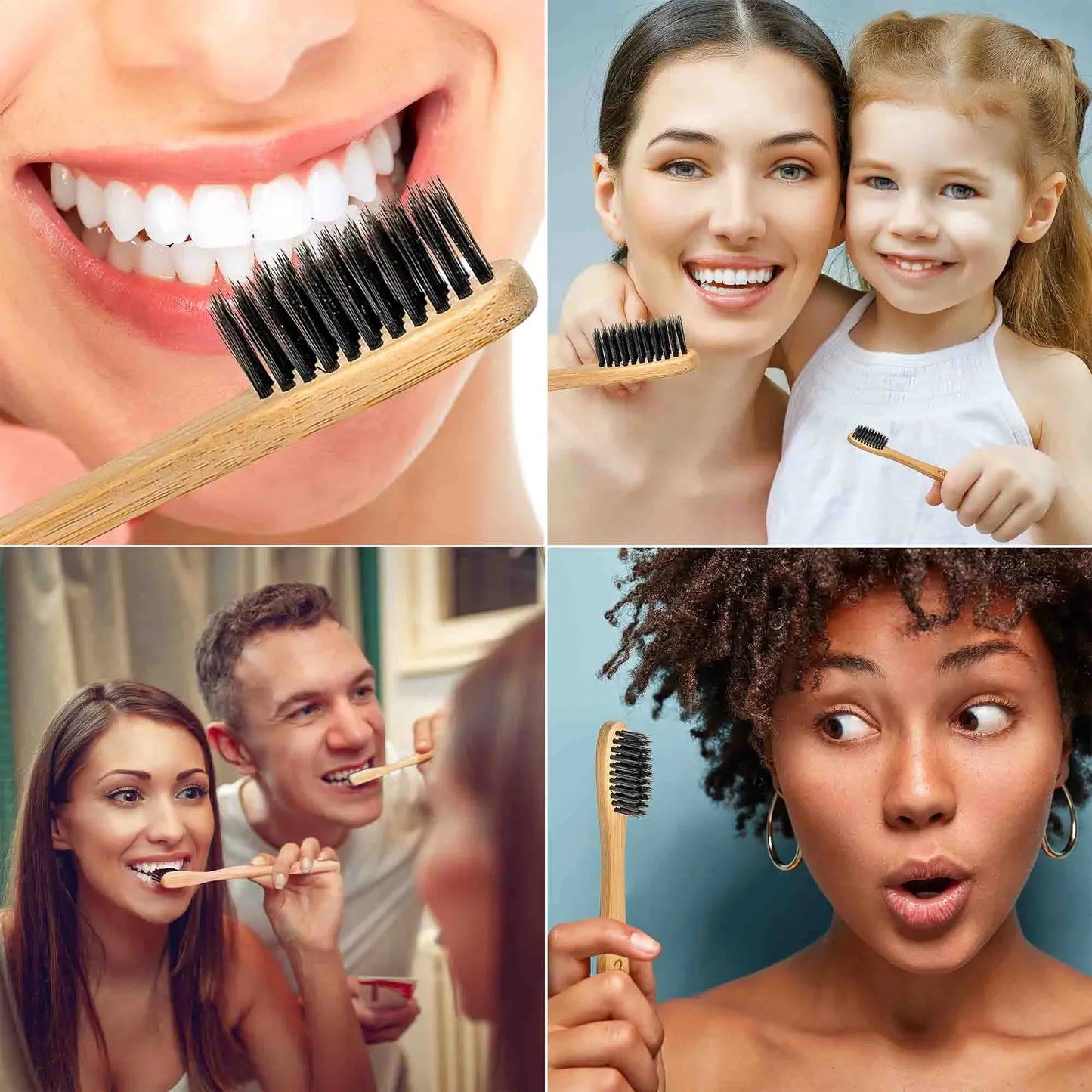 Juego de cepillos de dientes de bambú ecológicos - 4 unidades con cerdas suaves