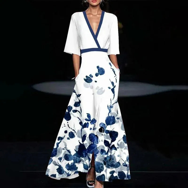 Elegant Printed Pleated Belt Dress