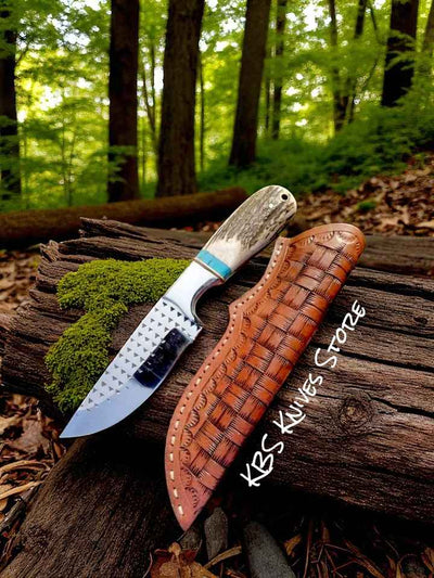Authentic Cowboy Belt Knife with 4.25-Inch Rasp Steel Blade and Antler Handle Featuring Turquoise Inlay - Korvel