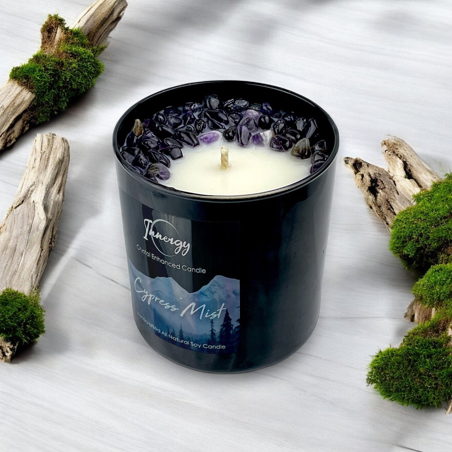 Tranquil Cypress Mist Amethyst Crystal Candle | 9oz Coconut-Soy Blend - Korvel