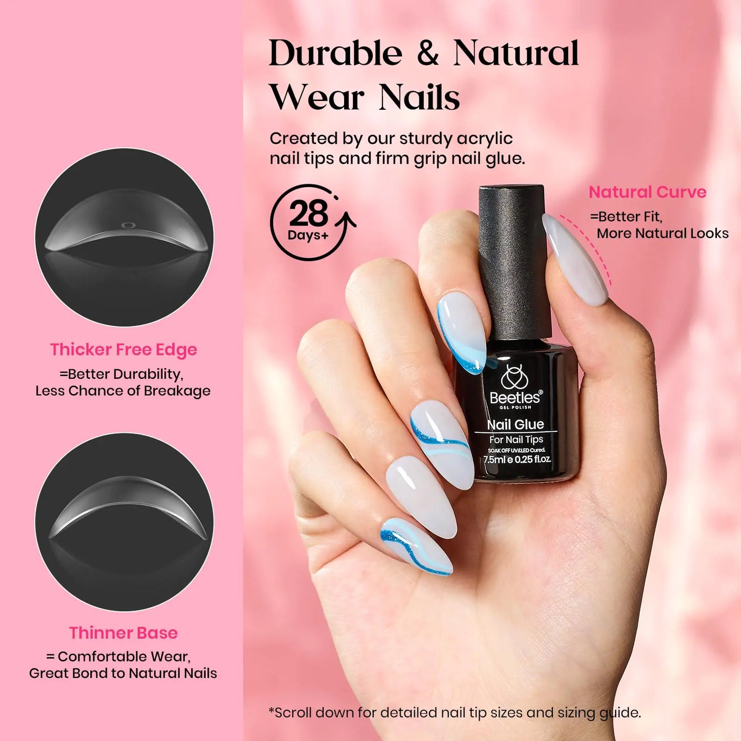 Kit de Uñas de Gel Beetles - 600 Piezas de Tips de Uñas Almendra Mediana y Esmalte de Gel Blanco Lec