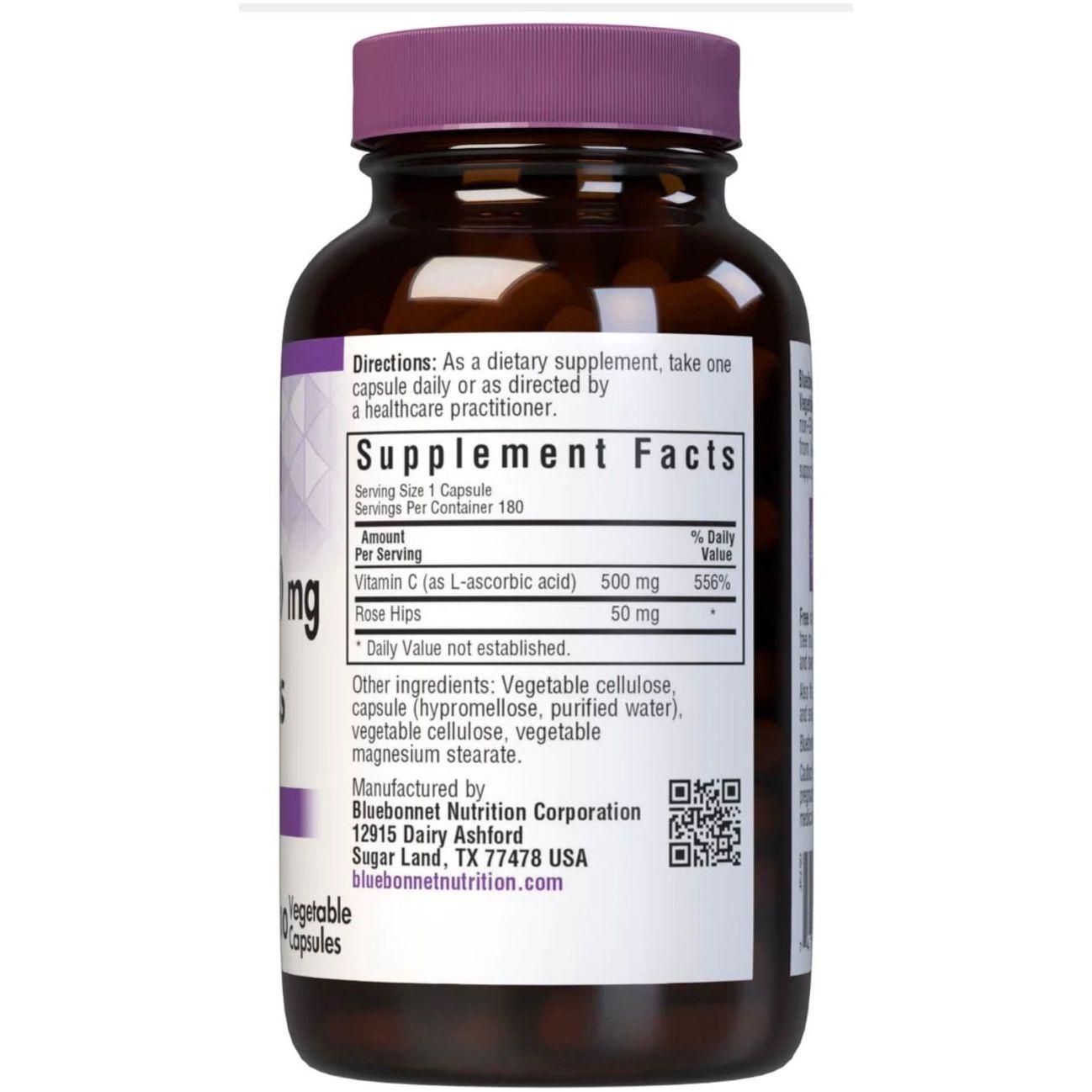 Bluebonnet Vitamine C-500 mg Plus Rose Hips - 180 Capsules Végétales