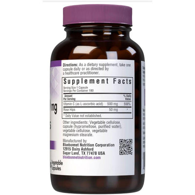 Bluebonnet Vitamin C-500 mg Plus Rose Hips - 180 Vegetable Capsules