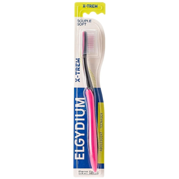 Cepillo de dientes suave Elgydium X-Trem para adolescentes - Rosa/Negro