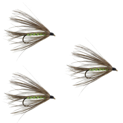 3 Pack Carey Special Soft Hackle Grouse and Bright Green Wet Fly - Hook Size 10 - Korvel
