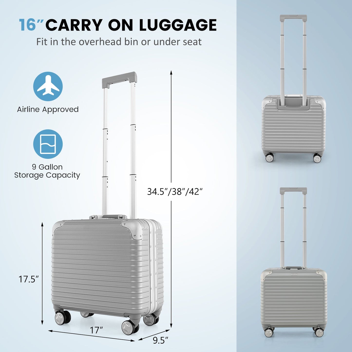 Bagages à main de 16 pouces sous le siège avec roues pivotantes
