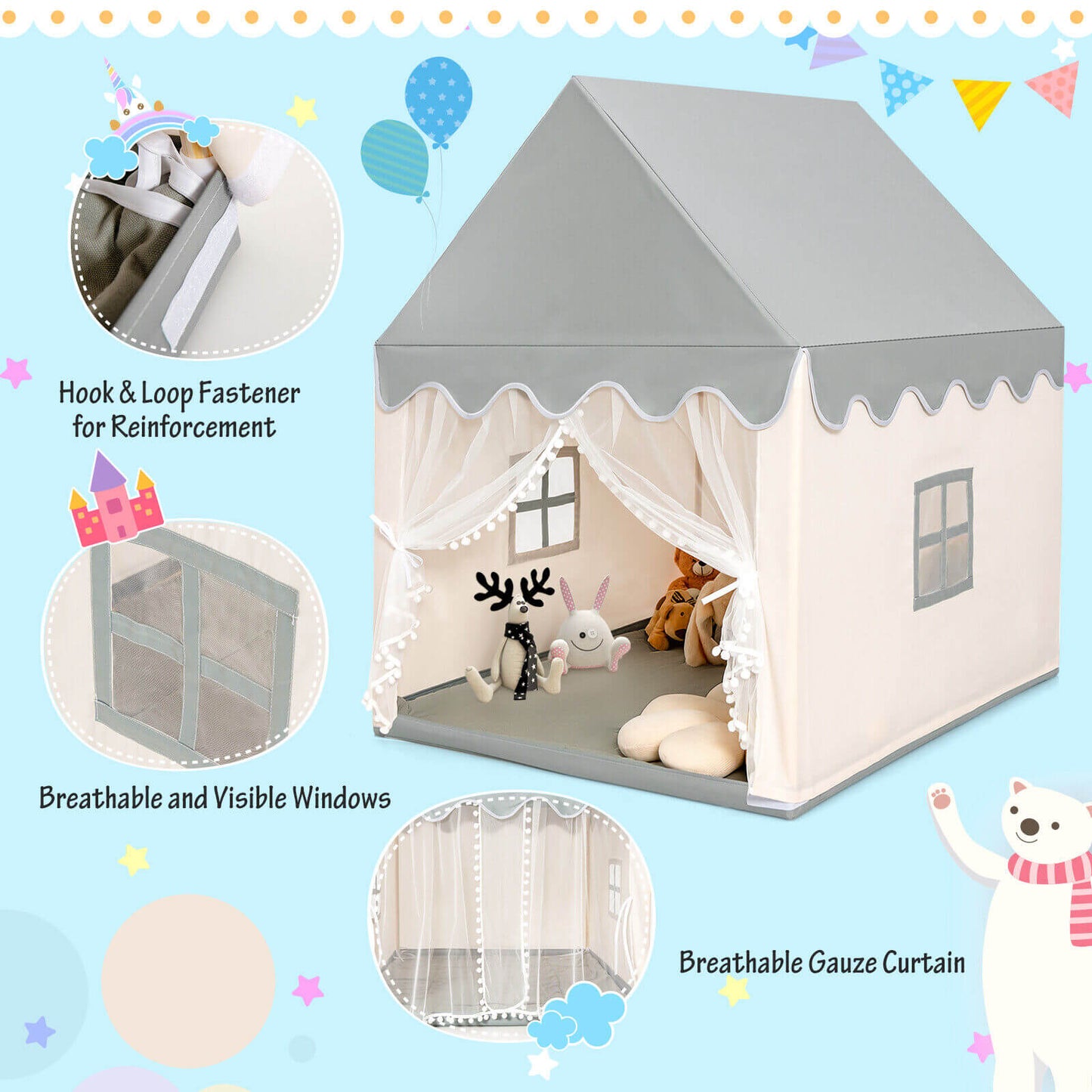 Kids Large Play Castle Fairy Tent with Mat - Beige