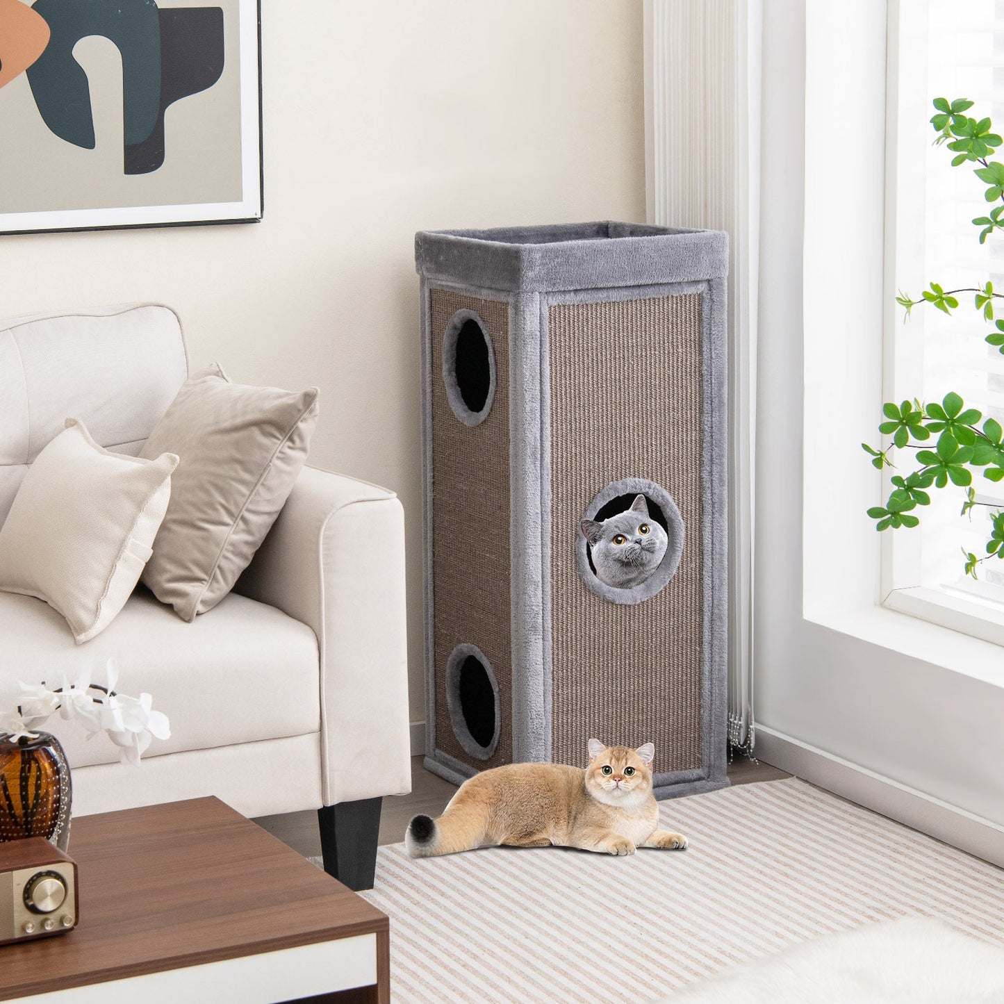 39-Inch Premium Cat Condo with Scratching Posts and Plush Cushions - Gray