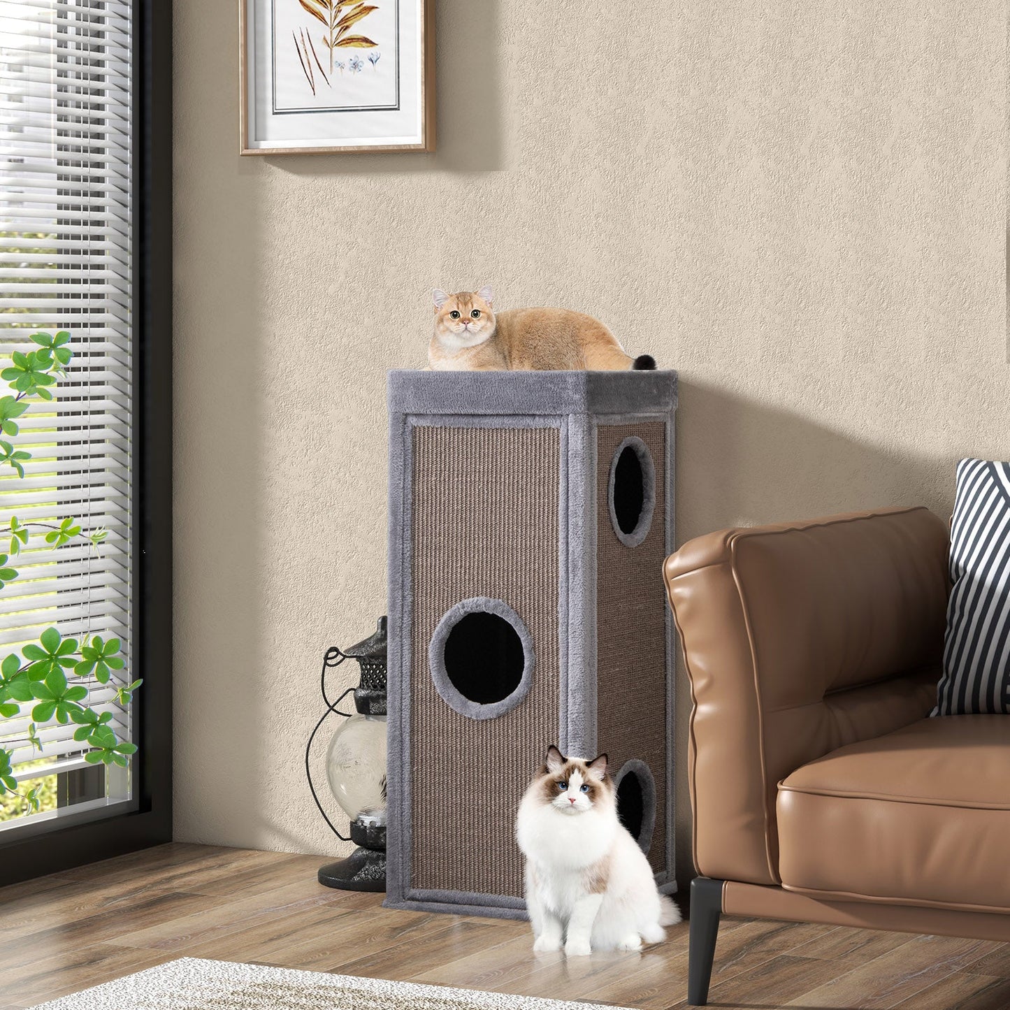 39-Inch Premium Cat Condo with Scratching Posts and Plush Cushions - Gray