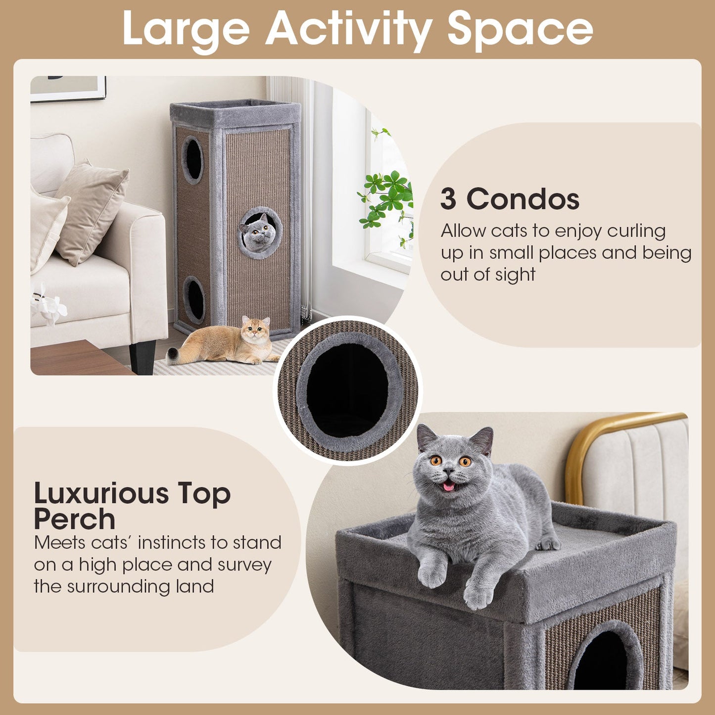 39-Inch Premium Cat Condo with Scratching Posts and Plush Cushions - Gray