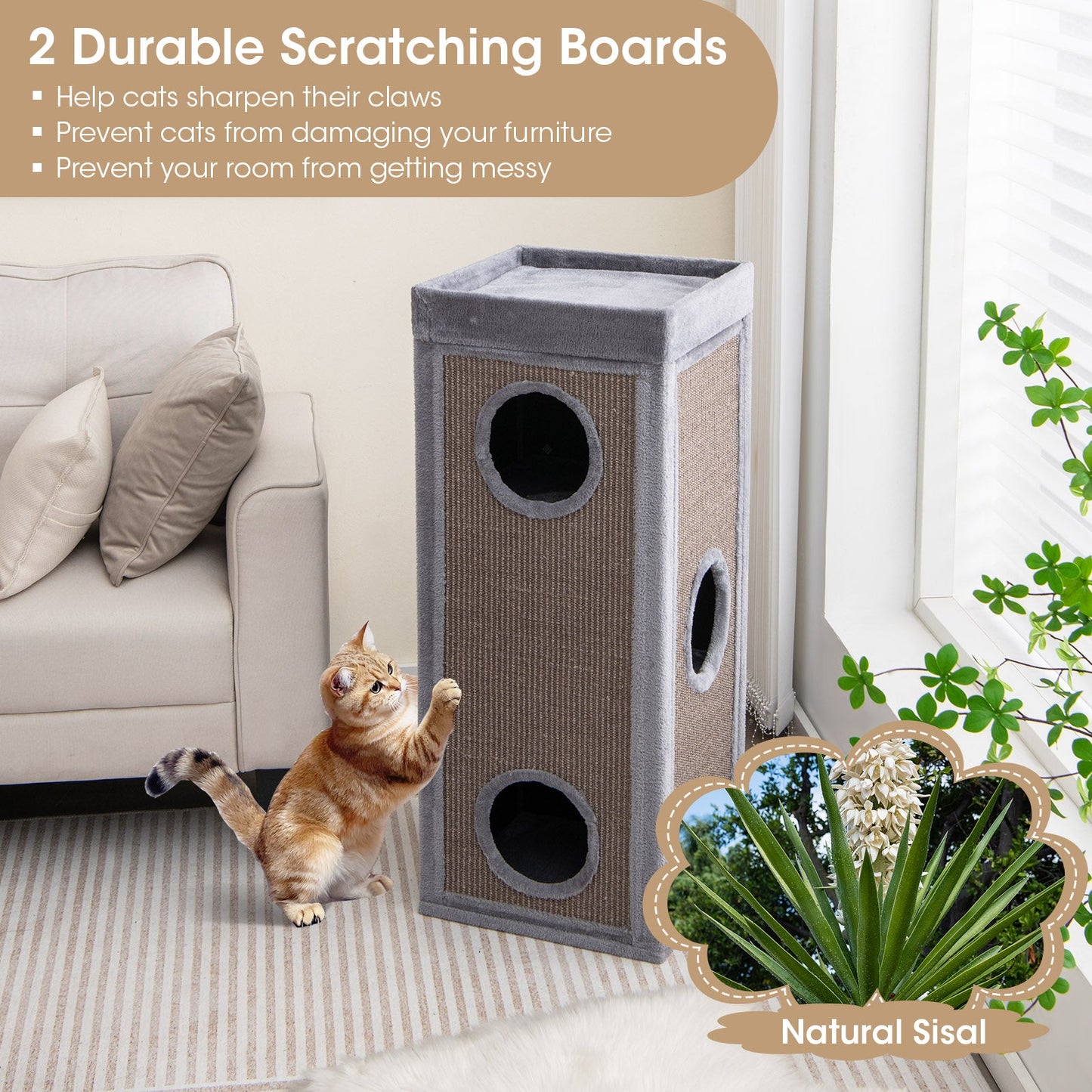39-Inch Premium Cat Condo with Scratching Posts and Plush Cushions - Gray