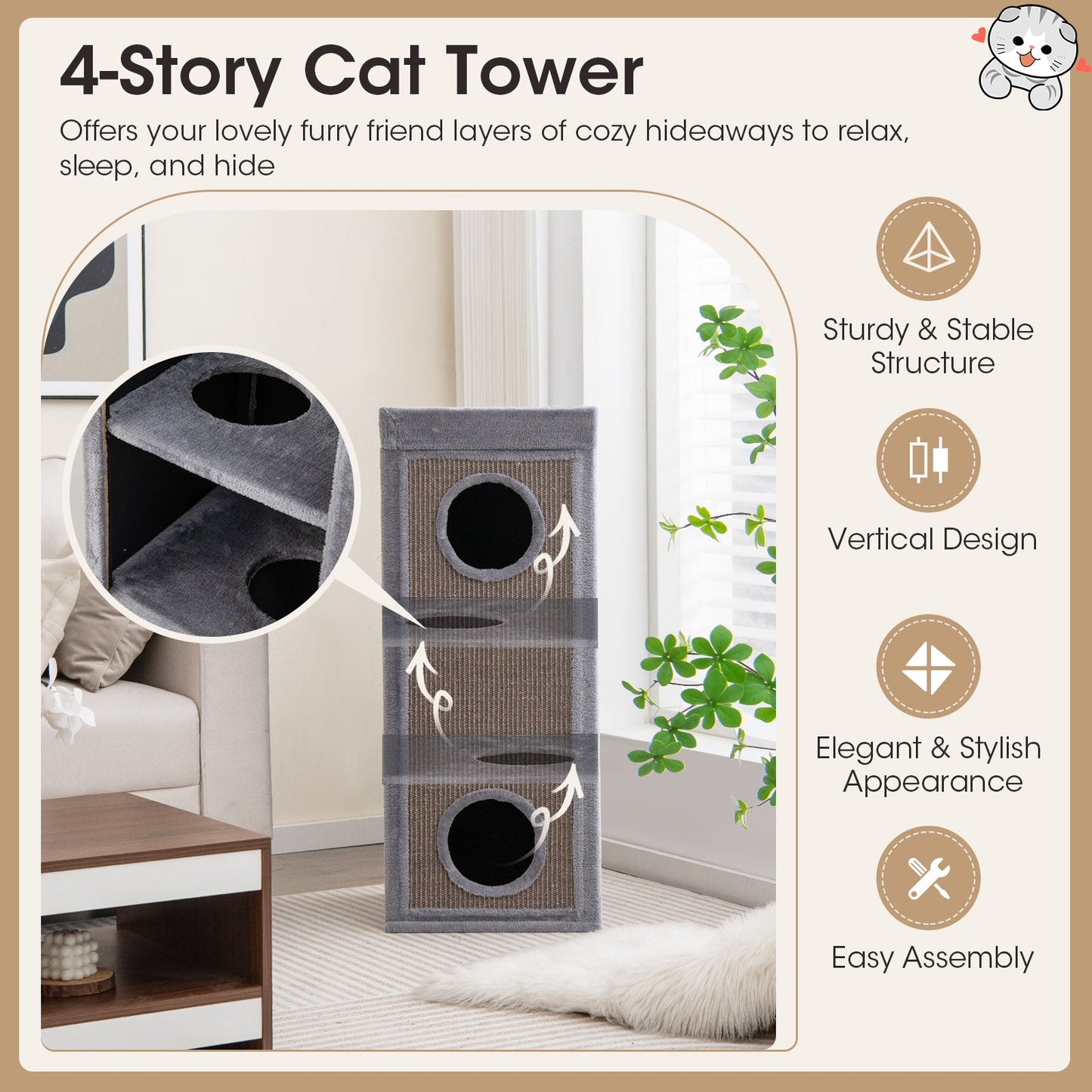 39-Inch Premium Cat Condo with Scratching Posts and Plush Cushions - Gray
