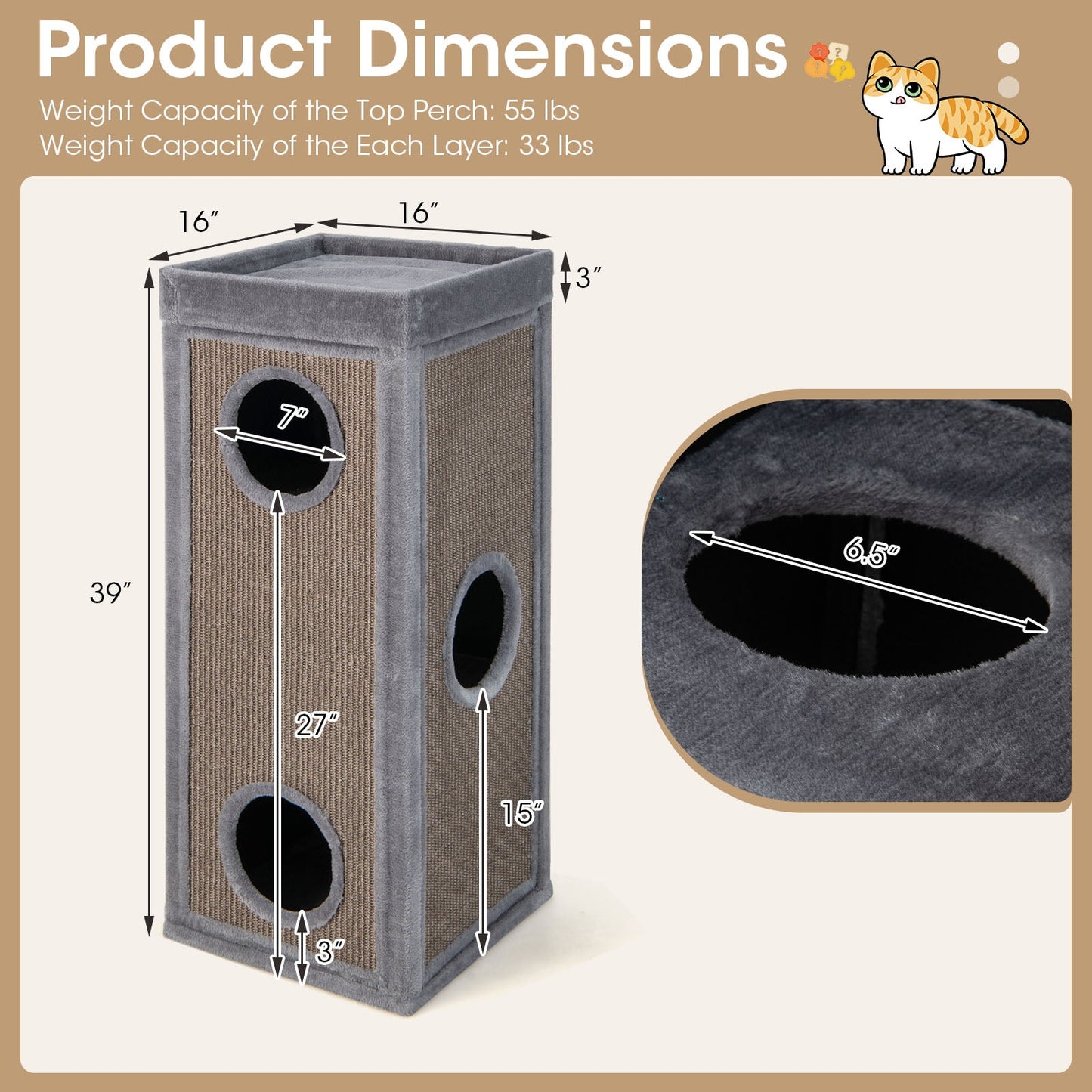 39-Inch Premium Cat Condo with Scratching Posts and Plush Cushions - Gray