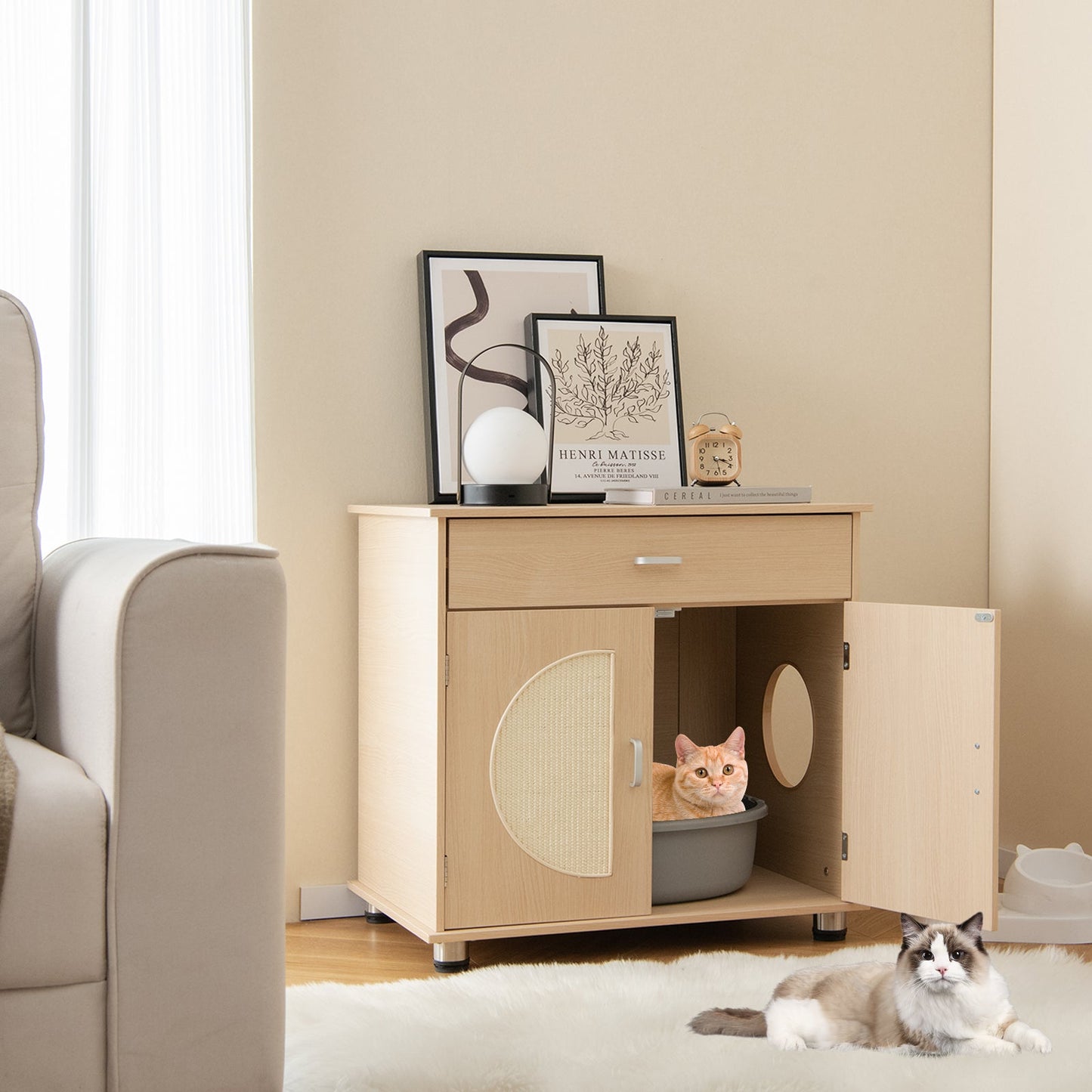 Caja de Arena para Gatos con Puertas de Rascado de Sisal - Natural