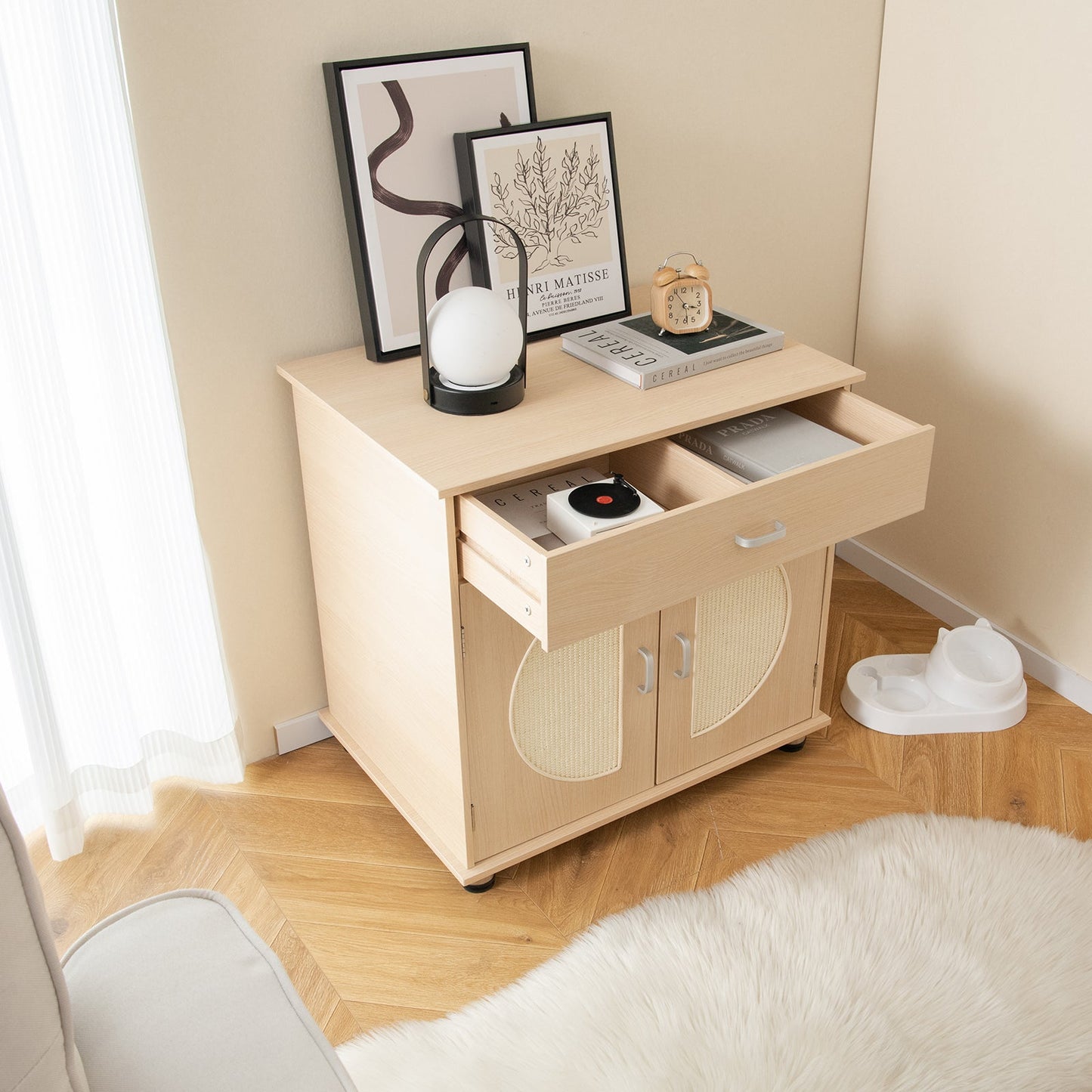Caja de Arena para Gatos con Puertas de Rascado de Sisal - Natural