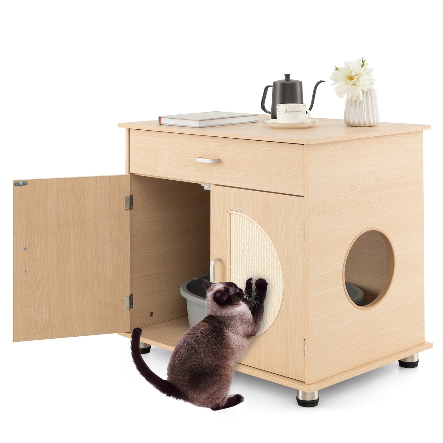 Caja de Arena para Gatos con Puertas de Rascado de Sisal - Natural