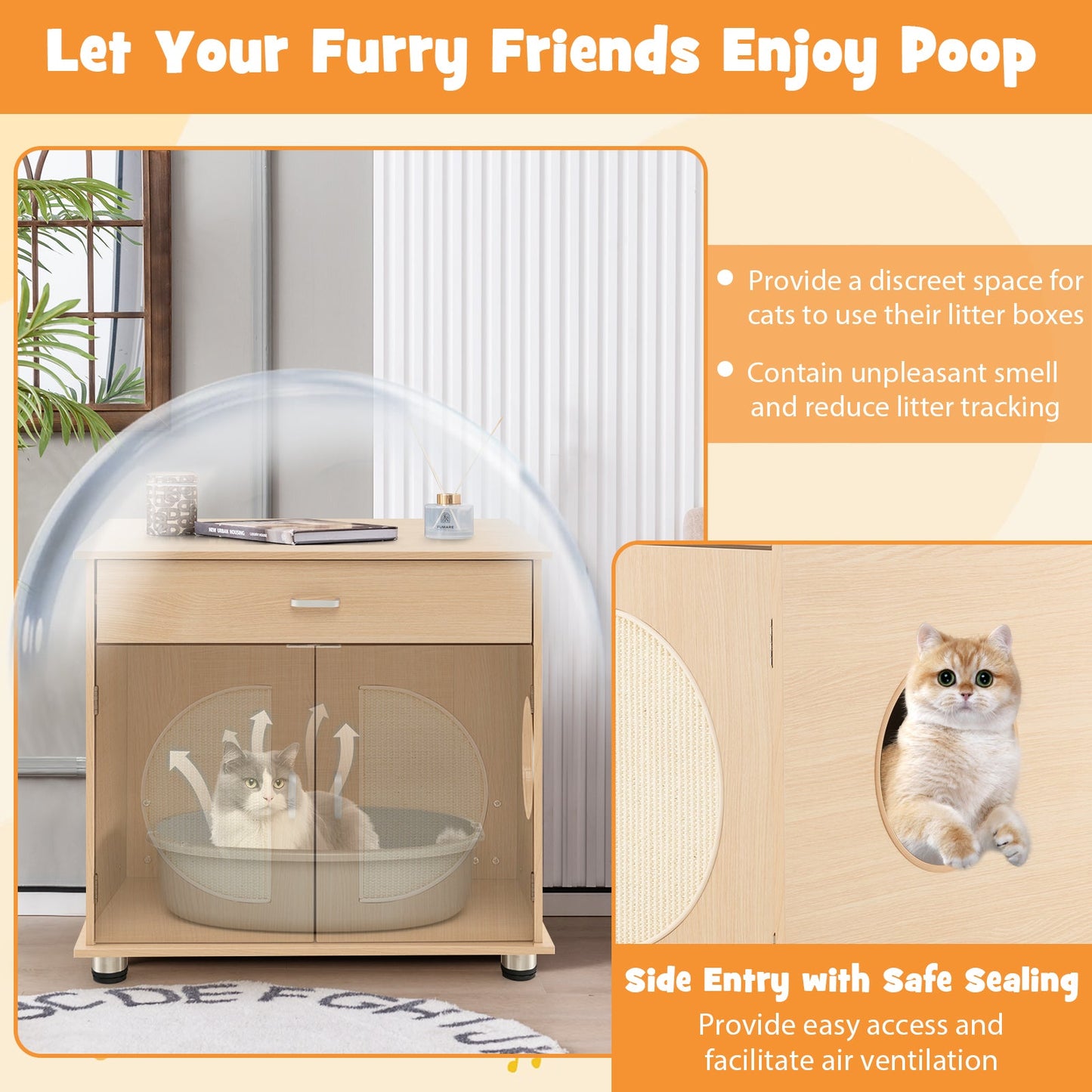 Caja de Arena para Gatos con Puertas de Rascado de Sisal - Natural