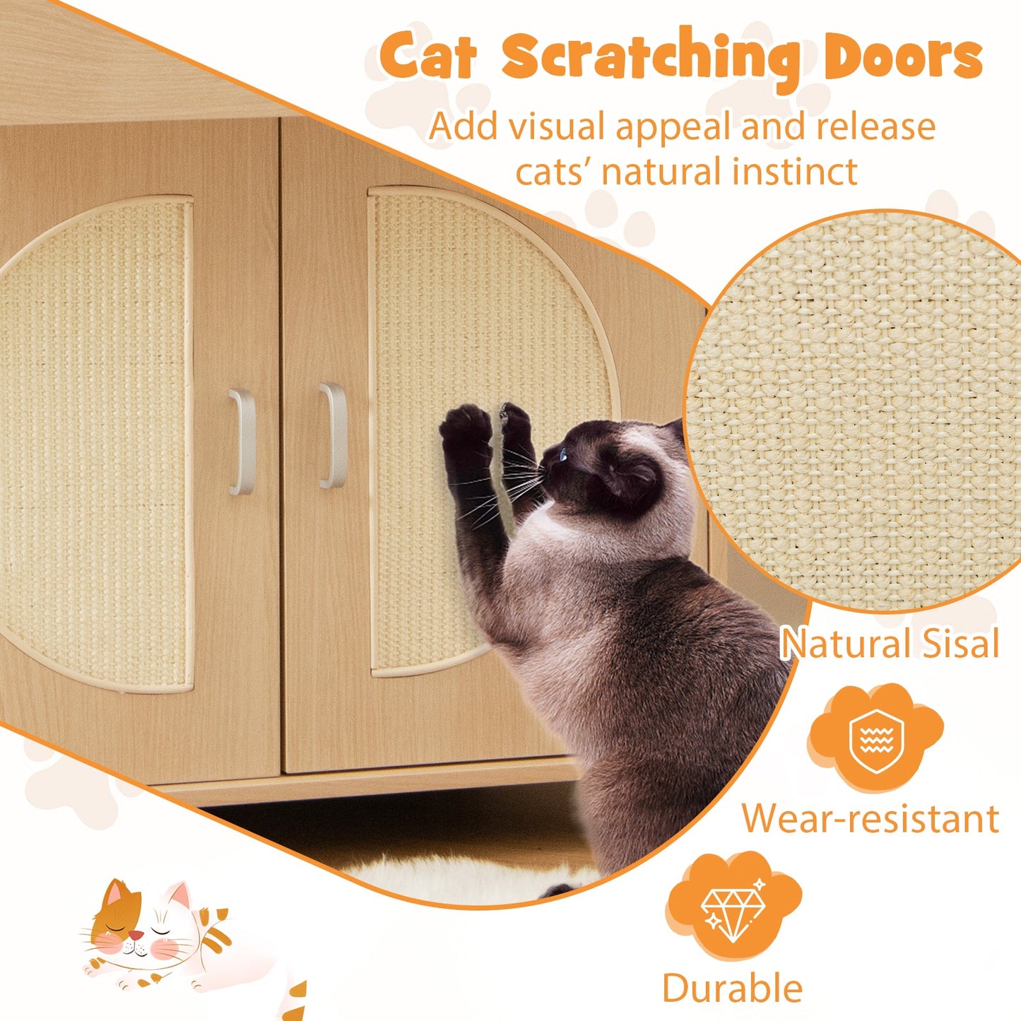 Caja de Arena para Gatos con Puertas de Rascado de Sisal - Natural