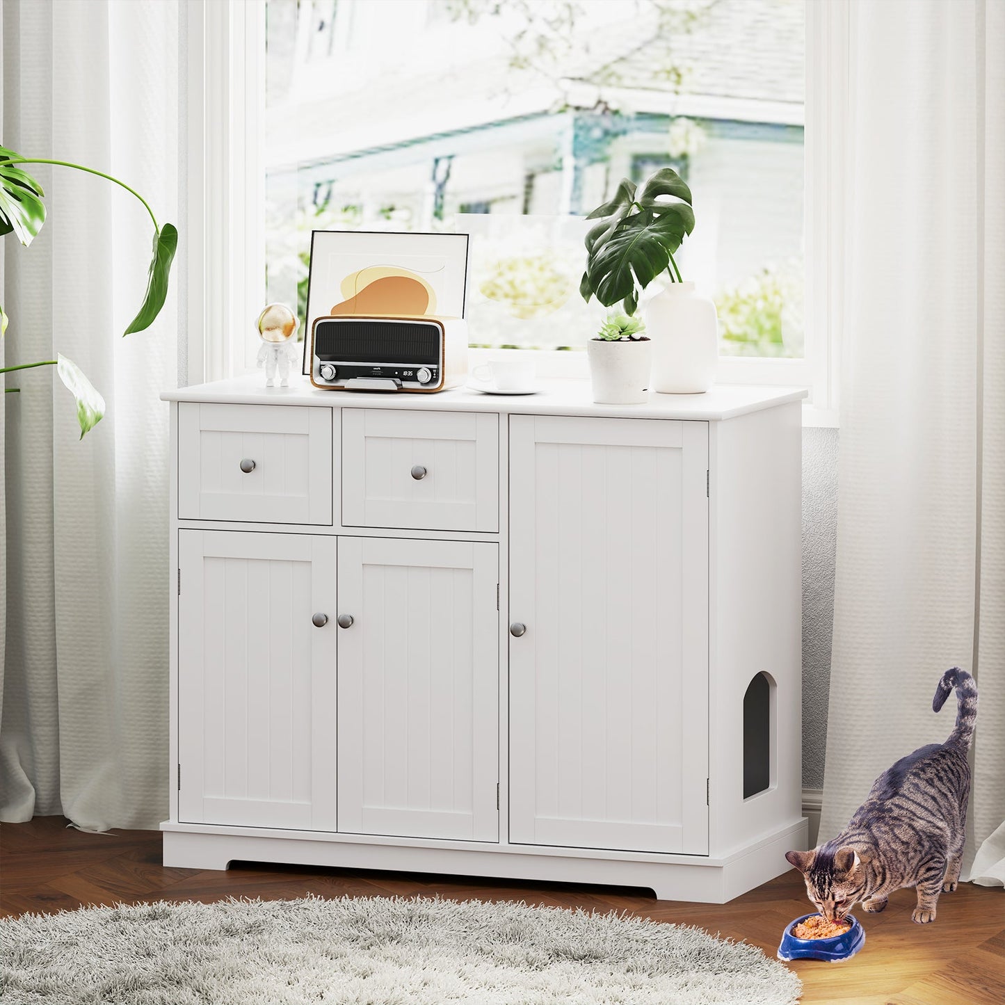 Elegant Cat Litter Box Enclosure with Storage - White