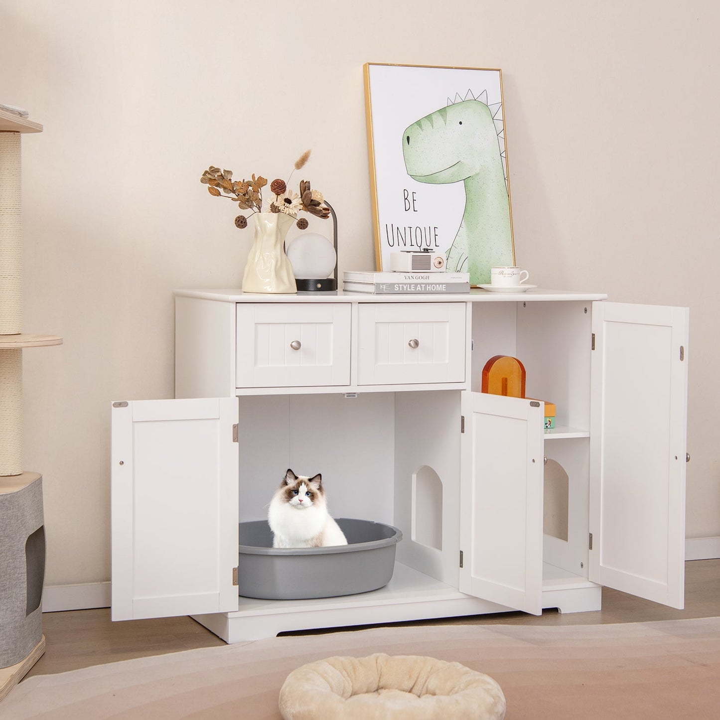 Elegant Cat Litter Box Enclosure with Storage - White