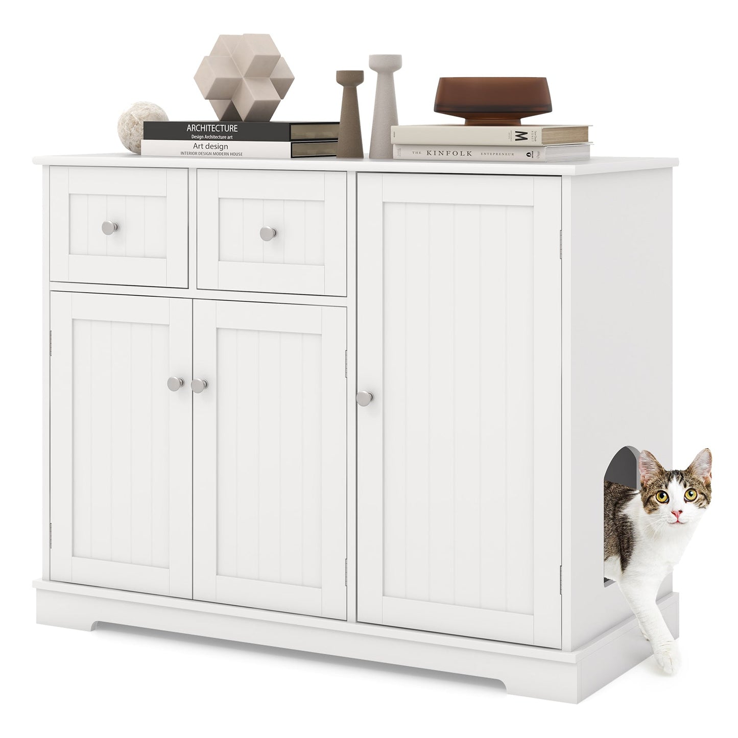 Elegant Cat Litter Box Enclosure with Storage - White