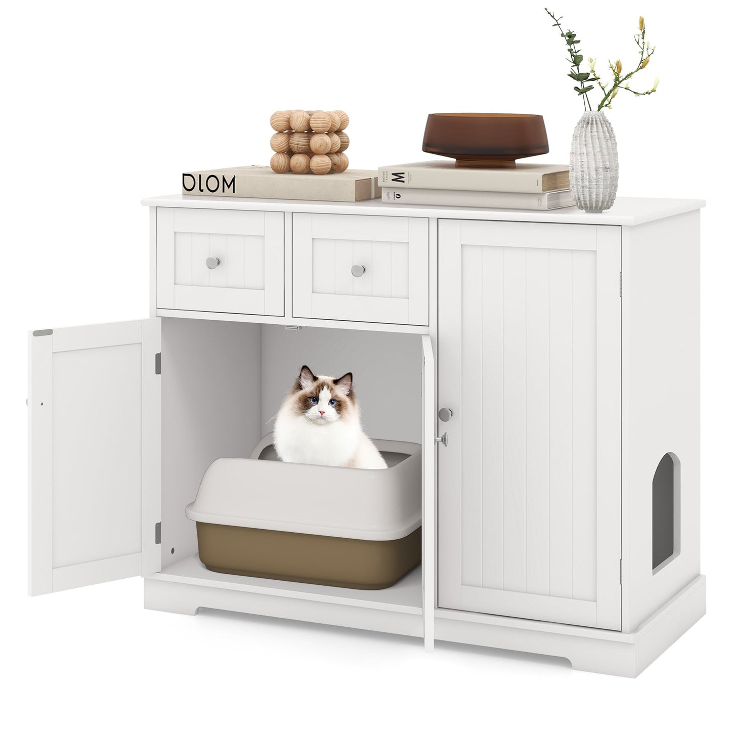 Elegant Cat Litter Box Enclosure with Storage - White