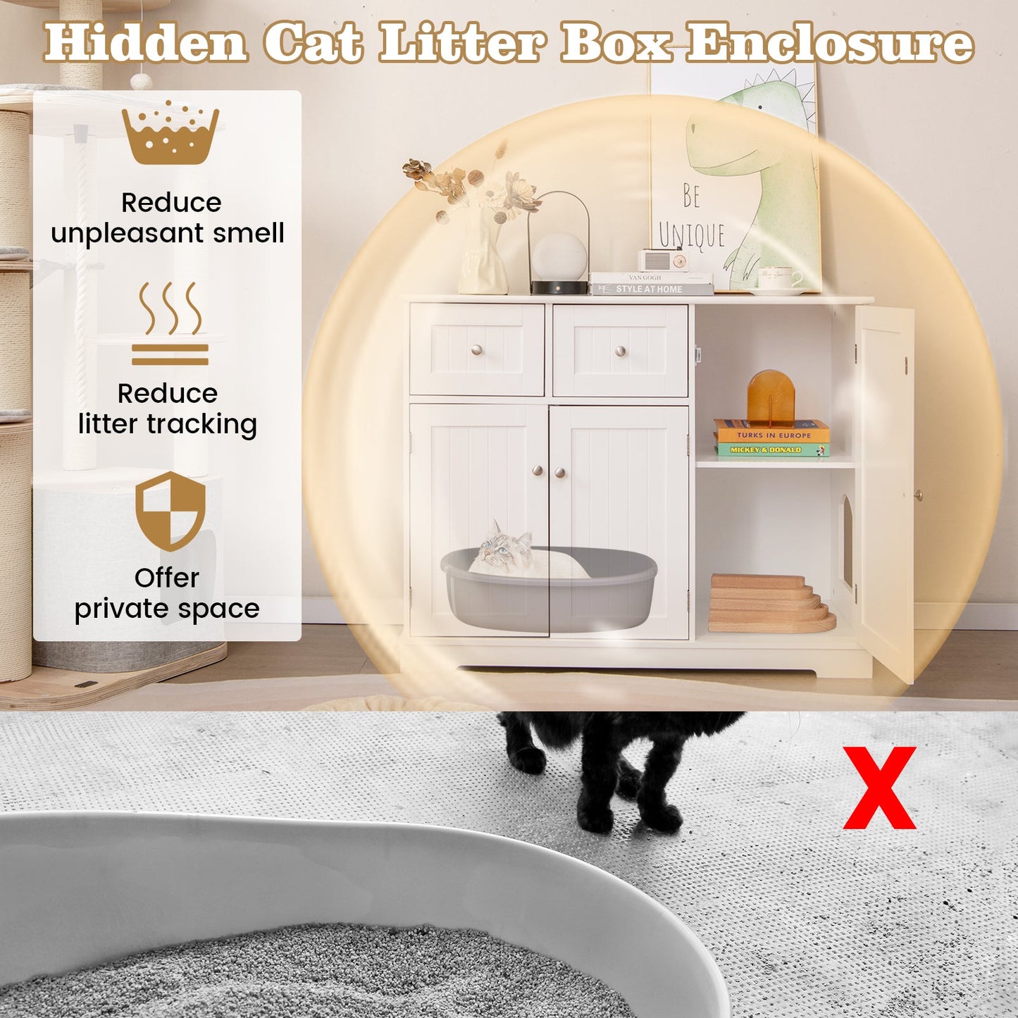 Elegant Cat Litter Box Enclosure with Storage - White