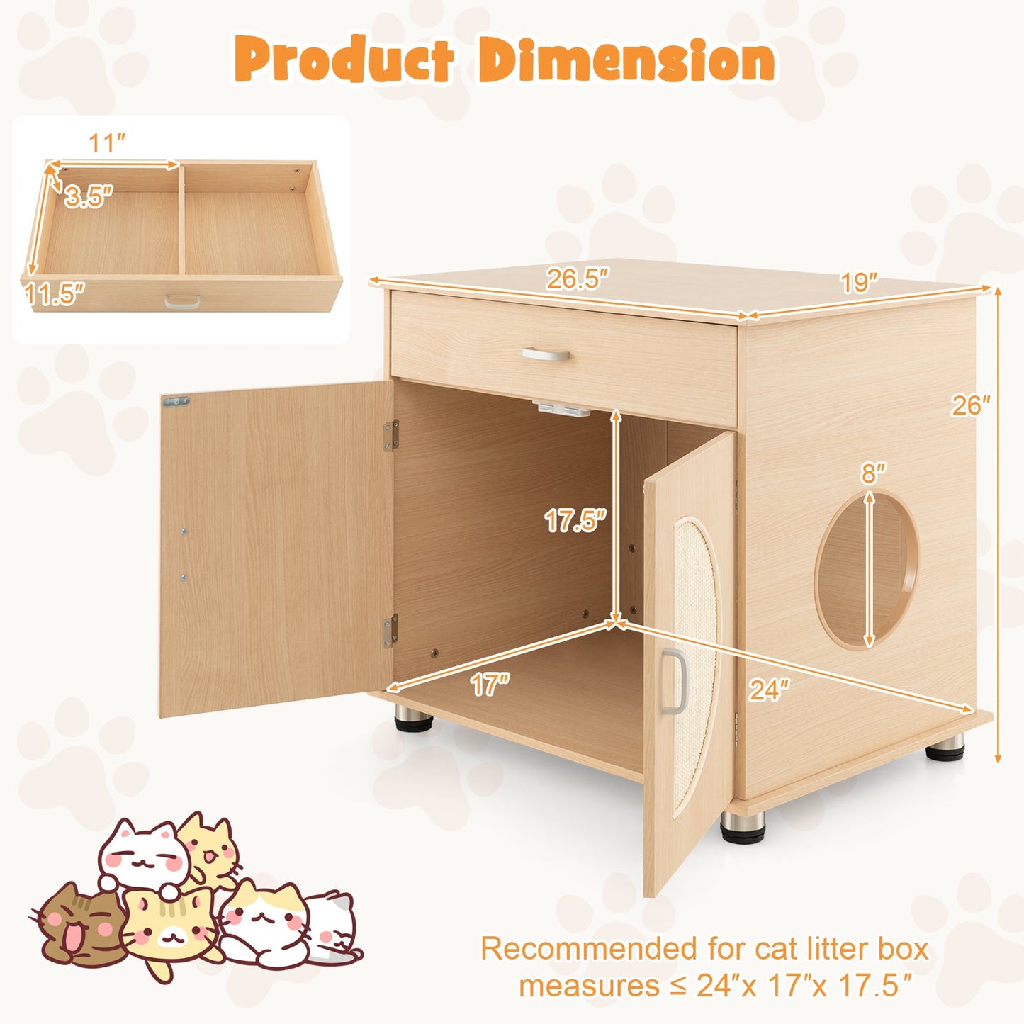 Caja de Arena para Gatos con Puertas de Rascado de Sisal - Natural