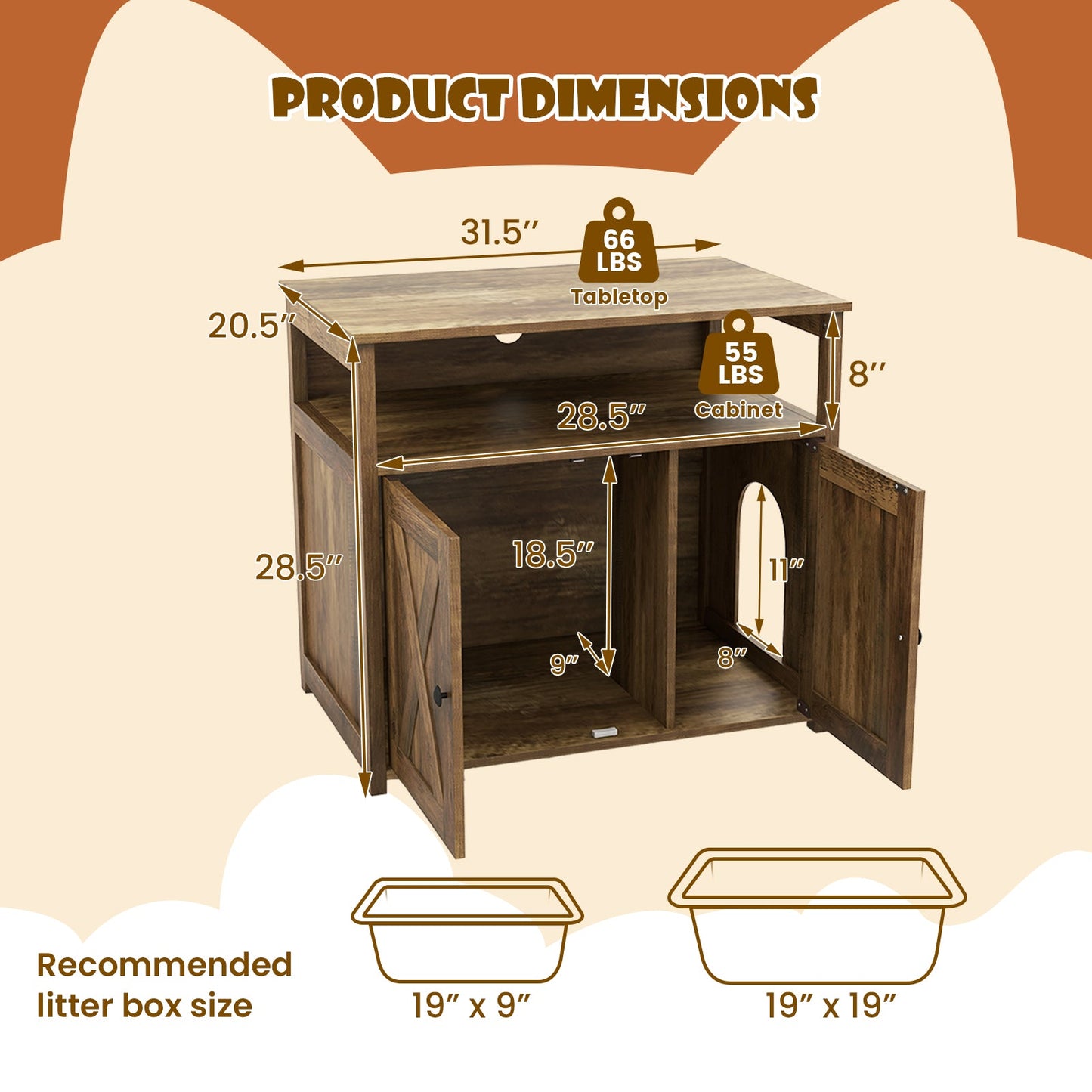 Caja de Arena para Gatos con Puertas de Granero Dobles y Estante de Almacenamiento