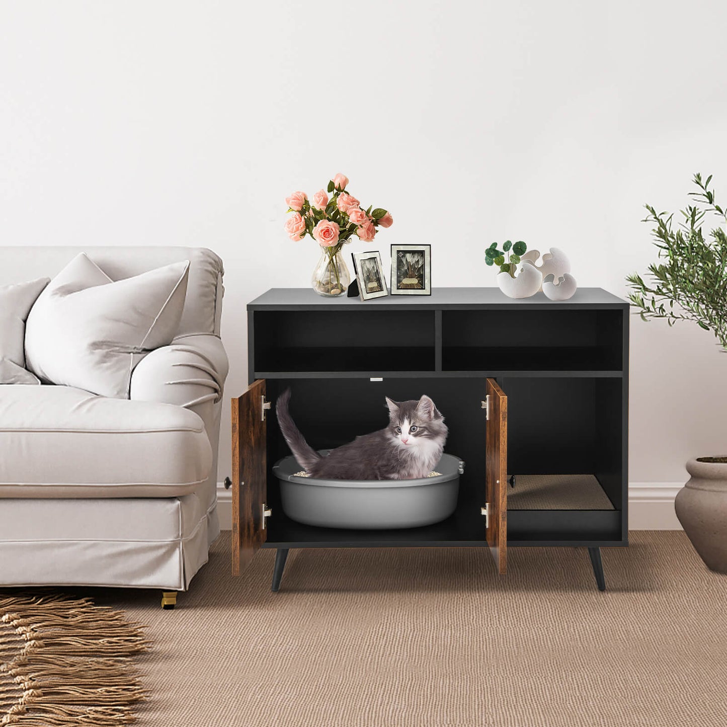 Caja de Arena para Gatos Estilosa con Almacenamiento y Rascador