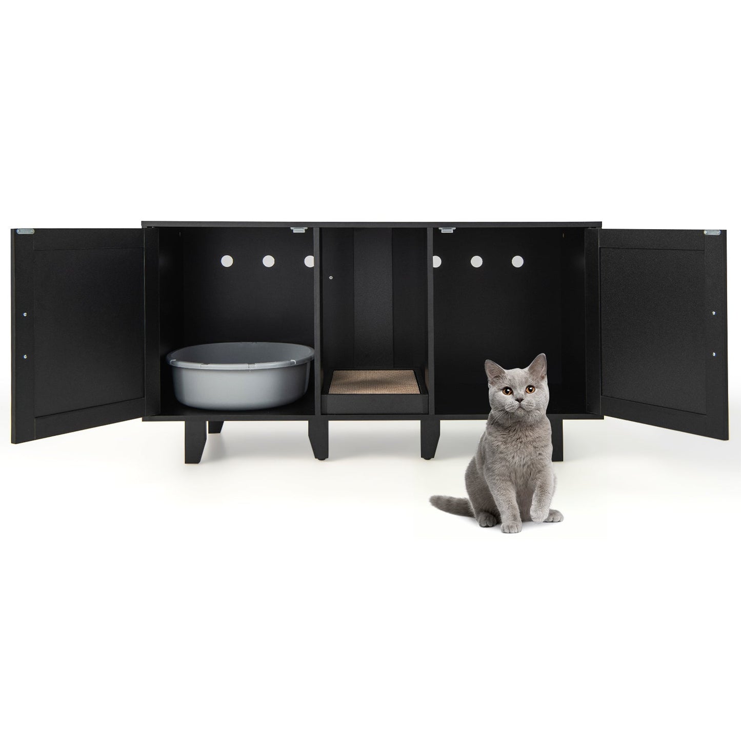 Enclos de bac à litière pour chat à 2 portes avec planche à gratter - Noir