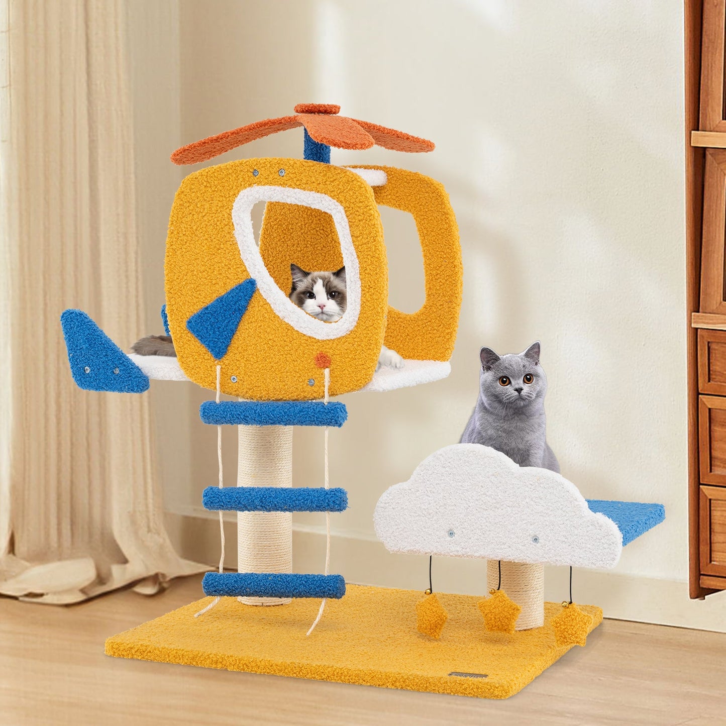 Aviation-themed Indoor Cat Tree with Helicopter Perch - Yellow