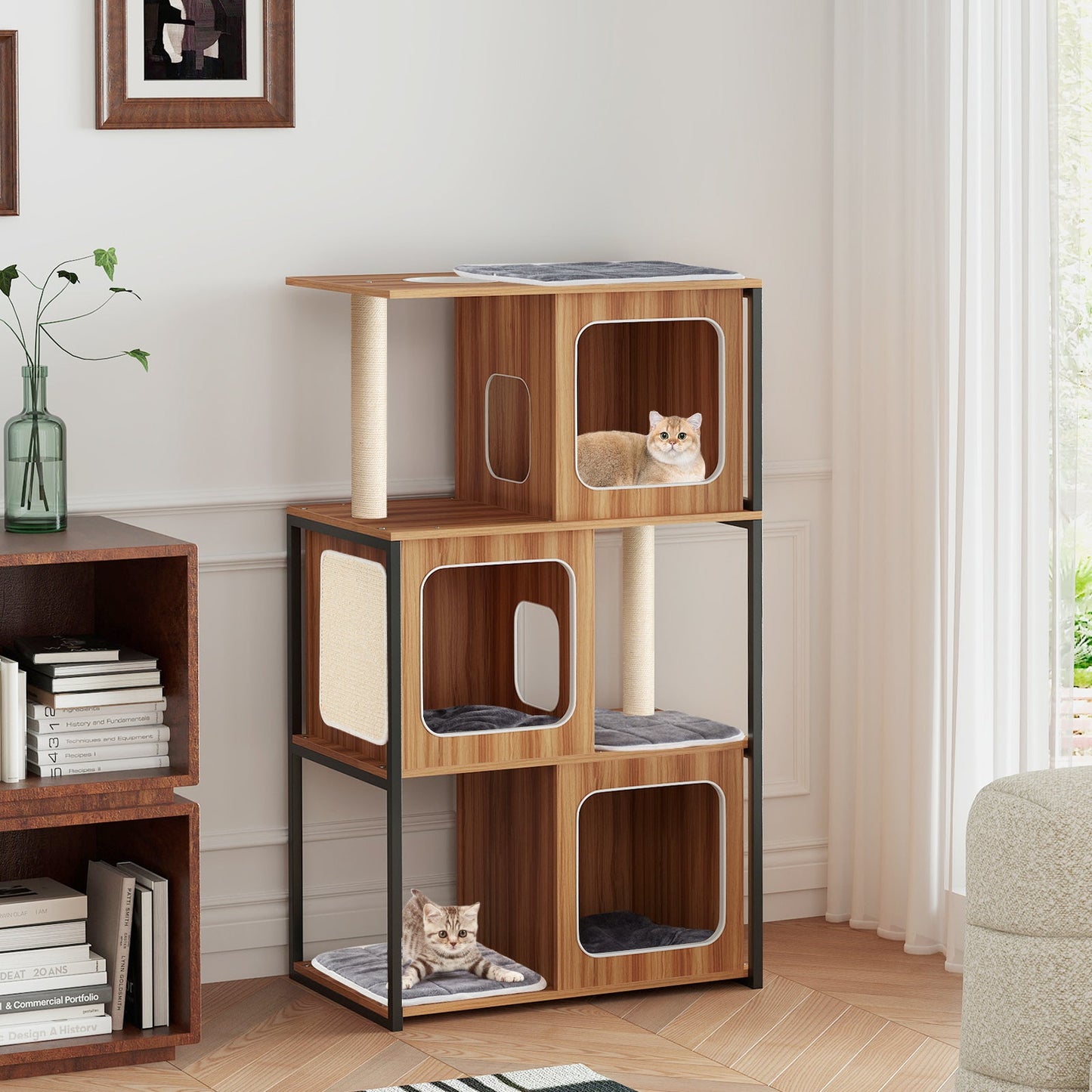 Árbol para Gatos Moderno con Estructura de Metal y Postes para Rascar