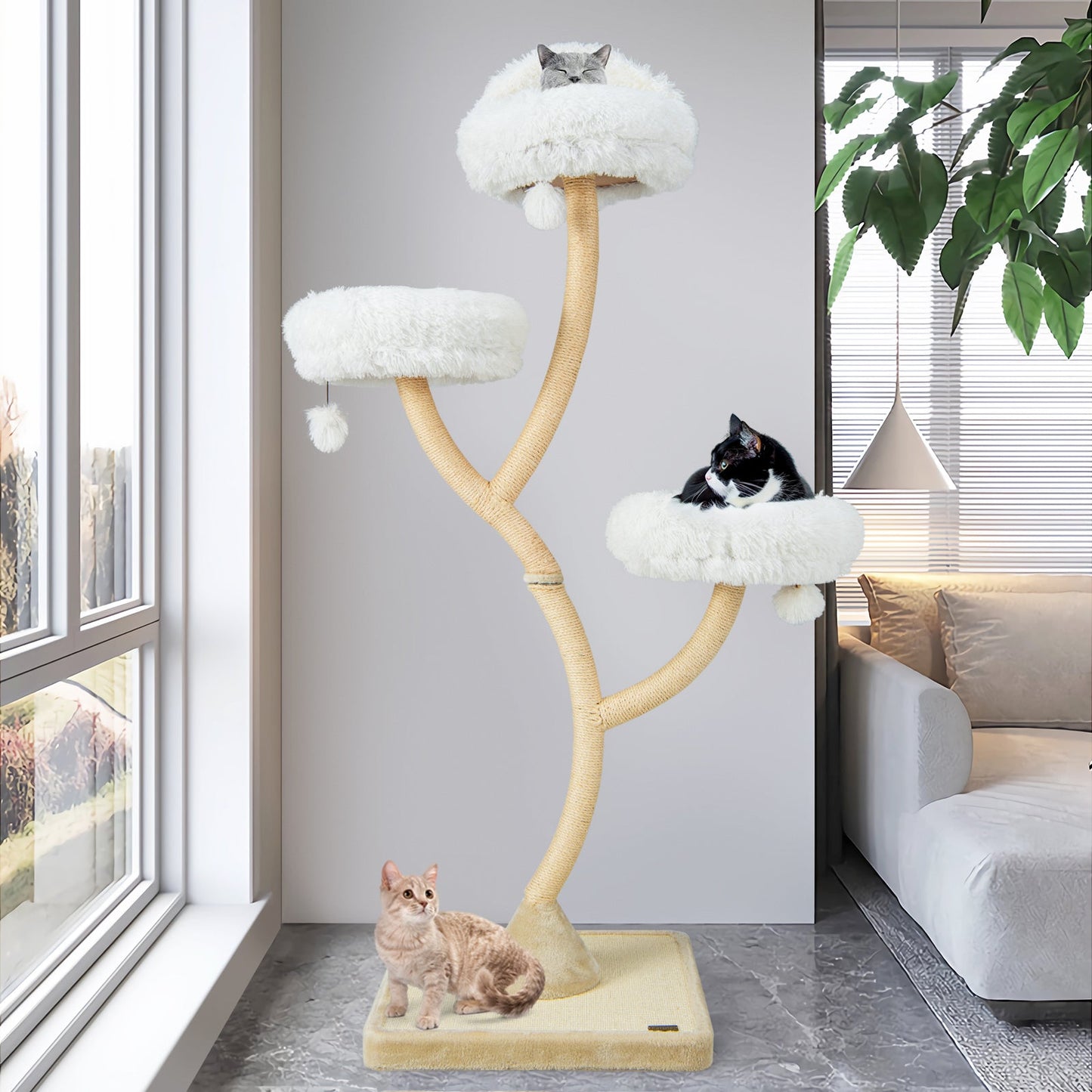 Arbre à chat de 70 pouces de hauteur avec 4 niveaux et 3 perchoirs - Beige