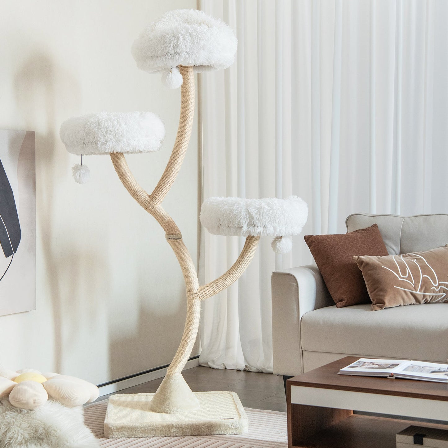 Arbre à chat de 70 pouces de hauteur avec 4 niveaux et 3 perchoirs - Beige