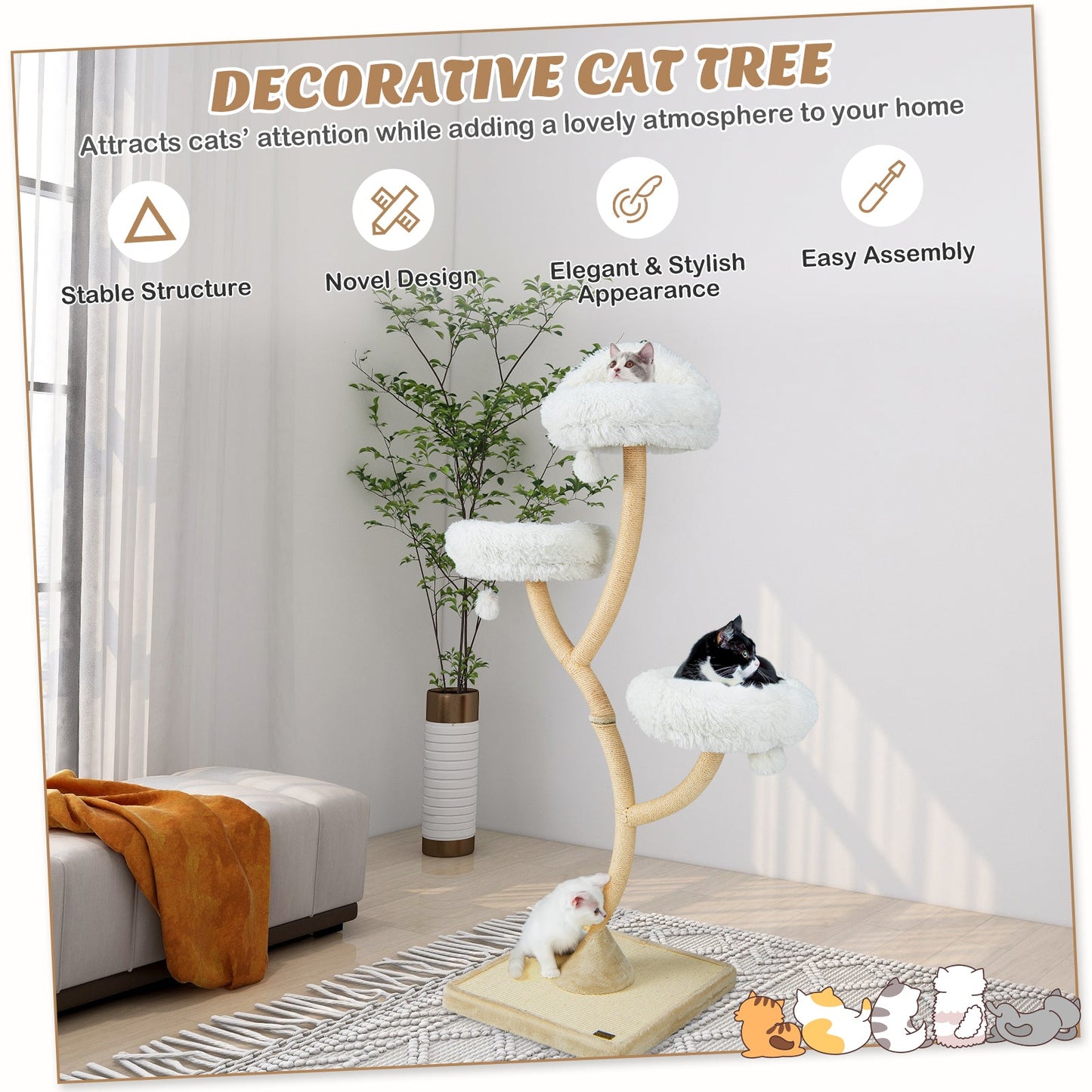 Arbre à chat de 70 pouces de hauteur avec 4 niveaux et 3 perchoirs - Beige