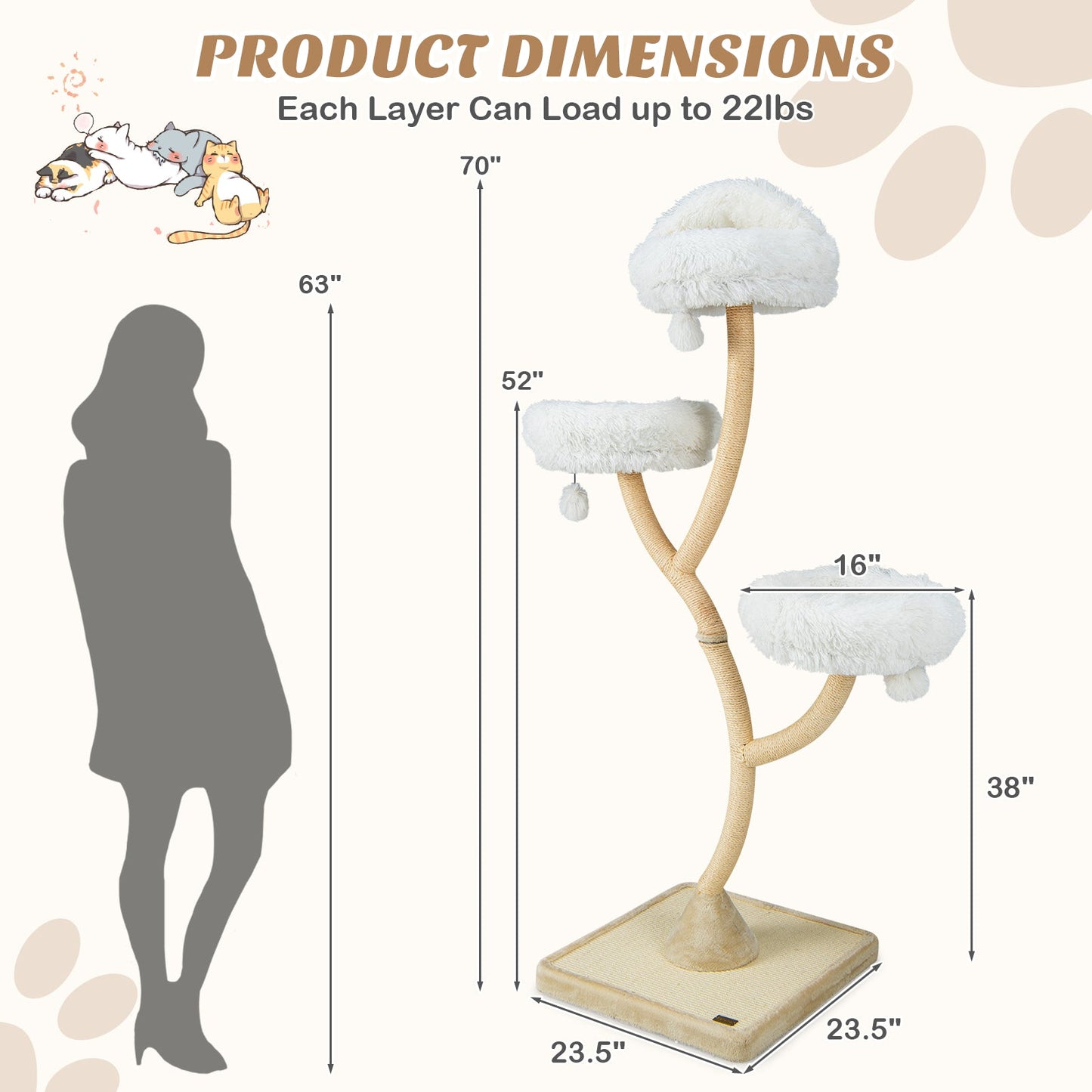 Arbre à chat de 70 pouces de hauteur avec 4 niveaux et 3 perchoirs - Beige