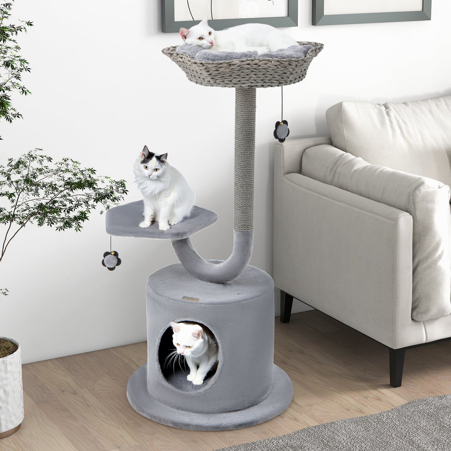 42 Inch Cat Tower with Curved Metal Frame - Gray