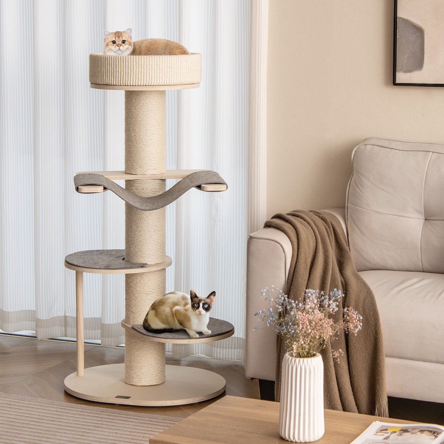 Árbol para Gatos Premium de 47 Pulgadas con Postes de Rascado de Sisal Engrosado - Gris