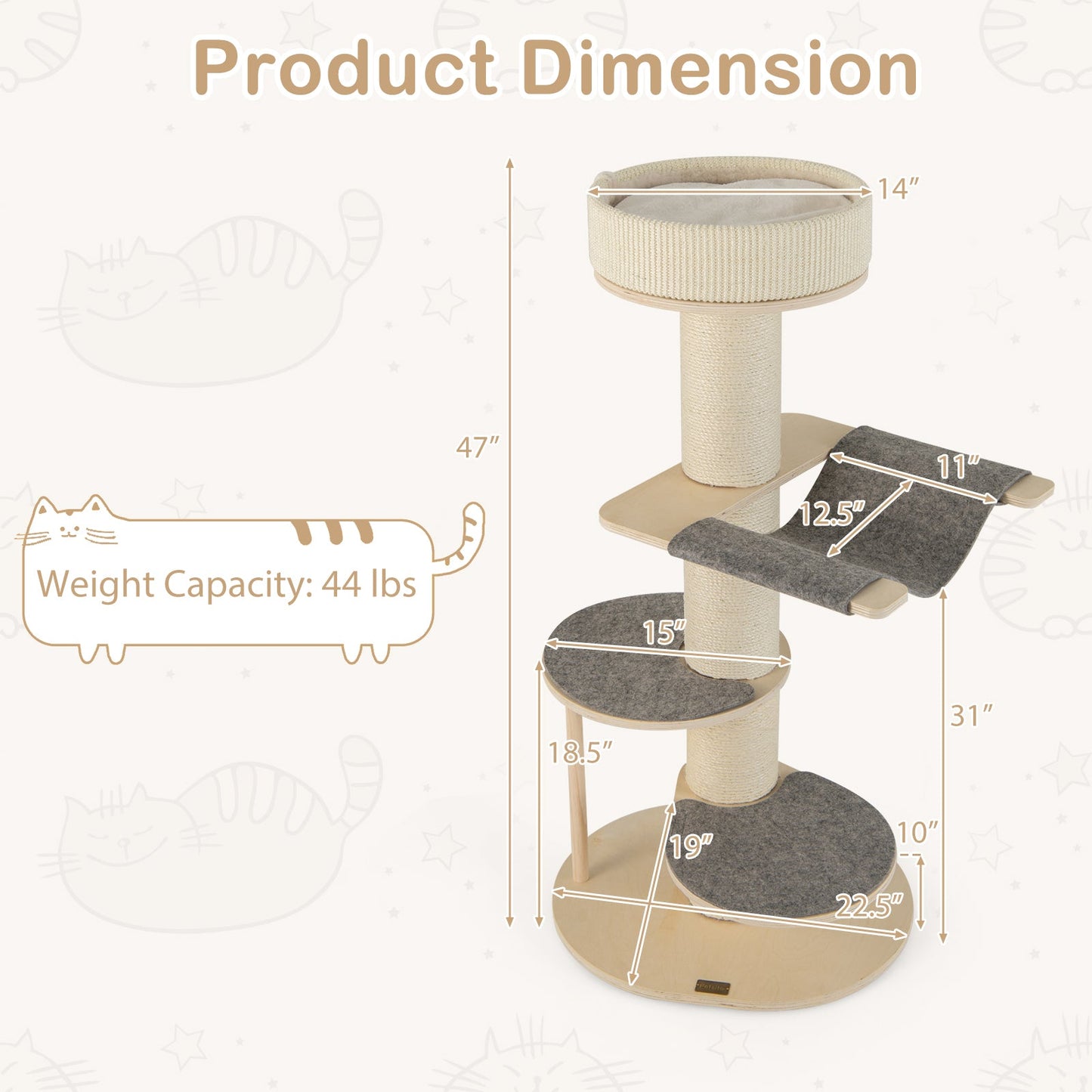 Árbol para Gatos Premium de 47 Pulgadas con Postes de Rascado de Sisal Engrosado - Gris