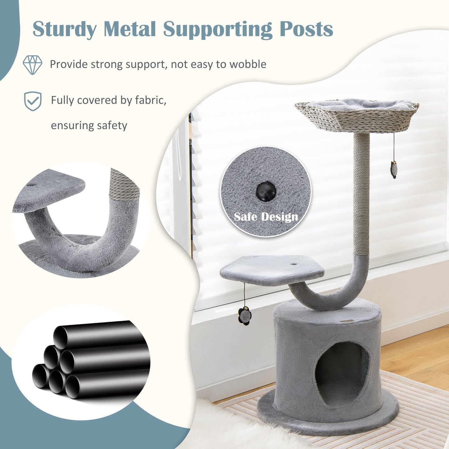 42 Inch Cat Tower with Curved Metal Frame - Gray