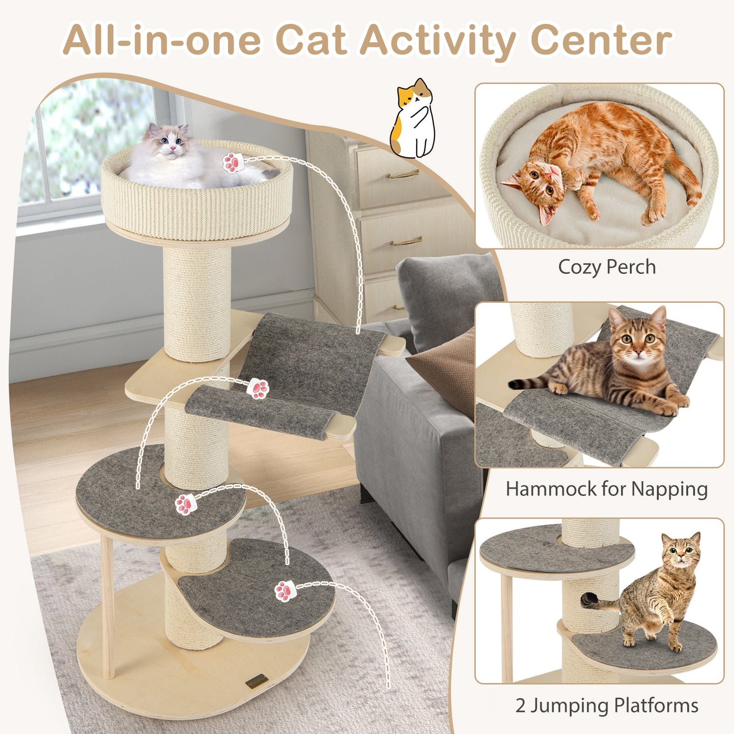 Árbol para Gatos Premium de 47 Pulgadas con Postes de Rascado de Sisal Engrosado - Gris