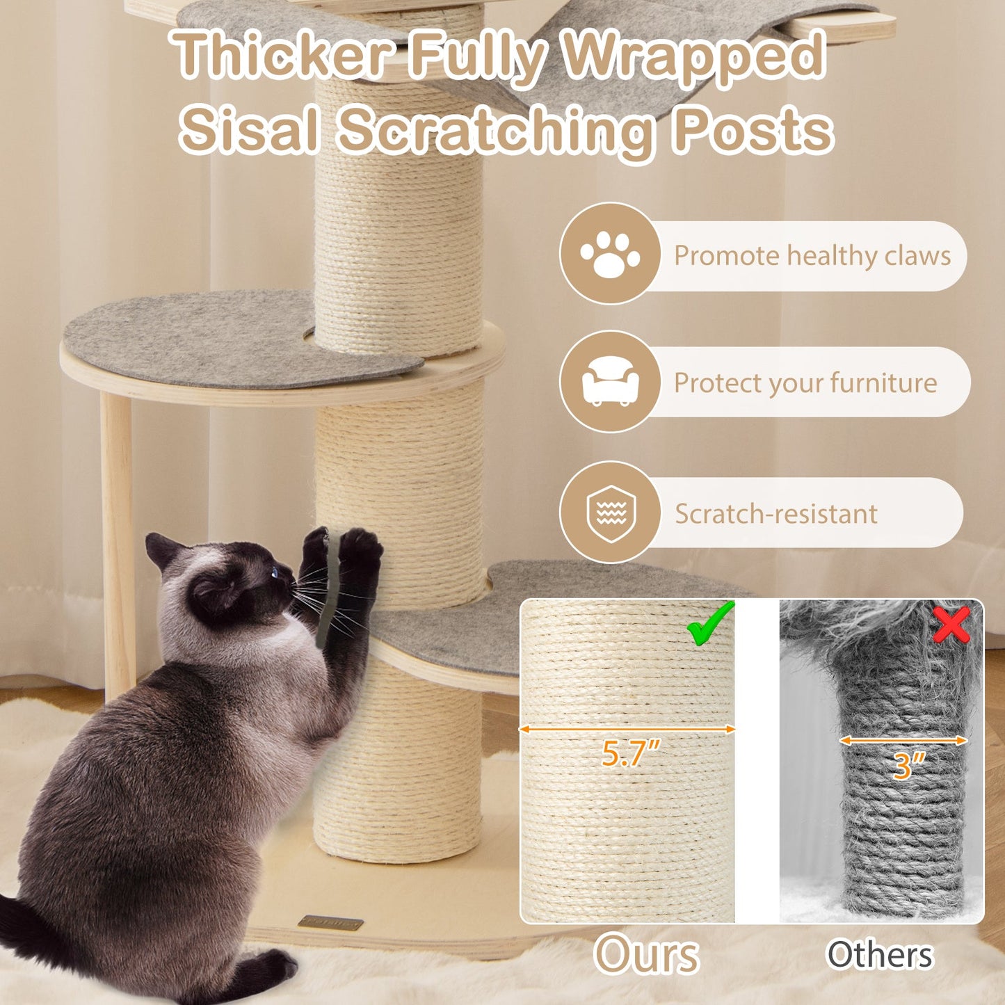 Árbol para Gatos Premium de 47 Pulgadas con Postes de Rascado de Sisal Engrosado - Gris