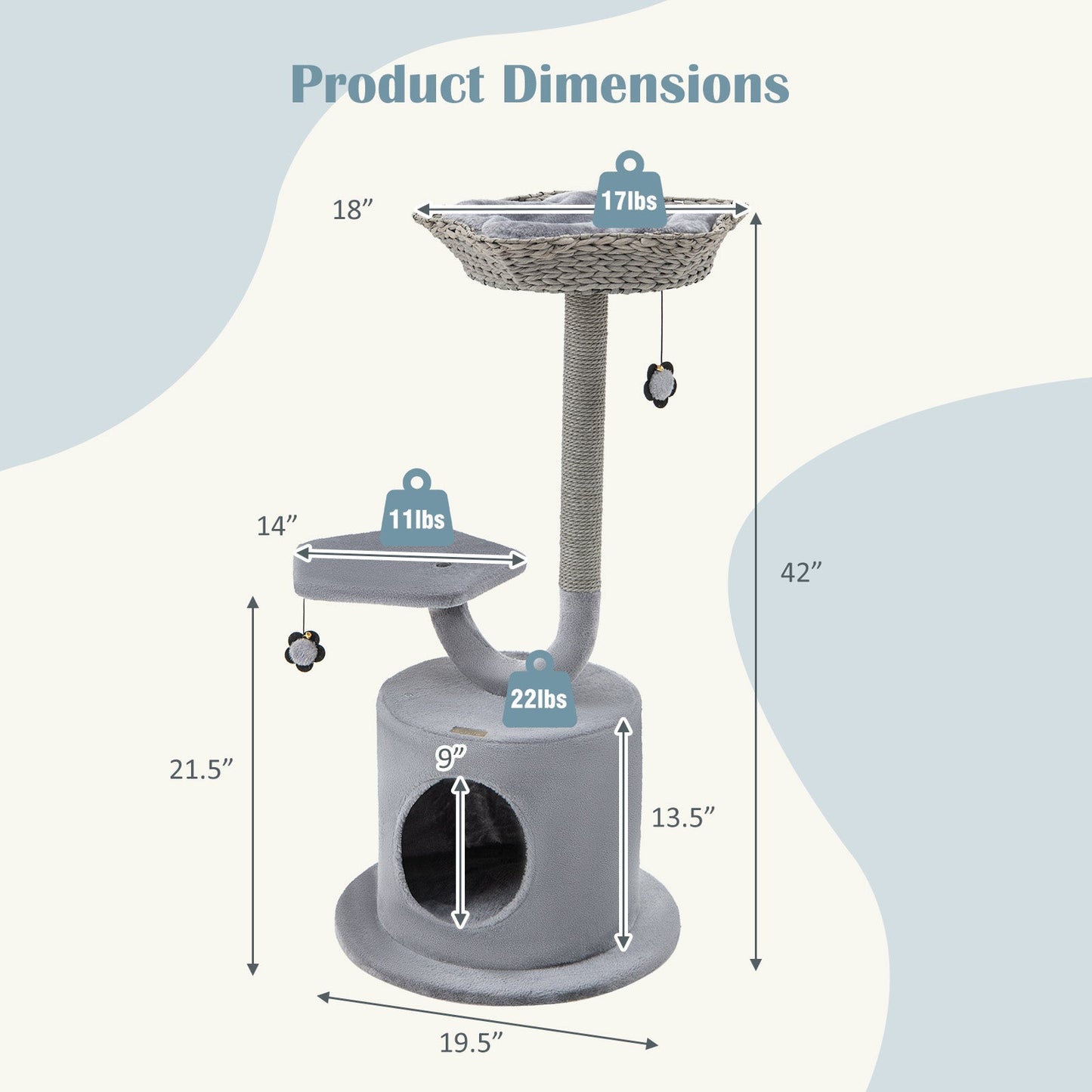 42 Inch Cat Tower with Curved Metal Frame - Gray