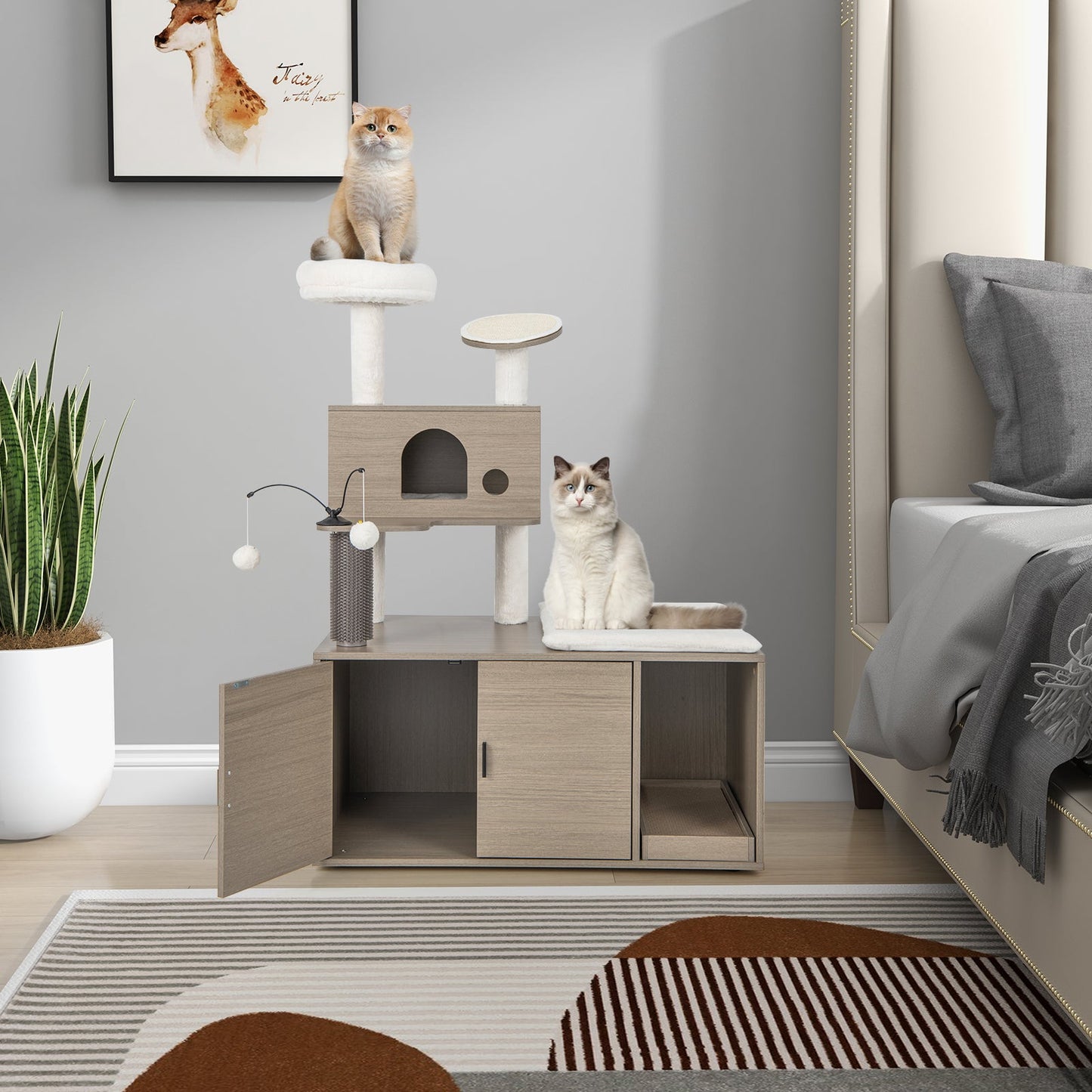 Tour à chat moderne 2-en-1 avec enclos pour bac à litière - Gris