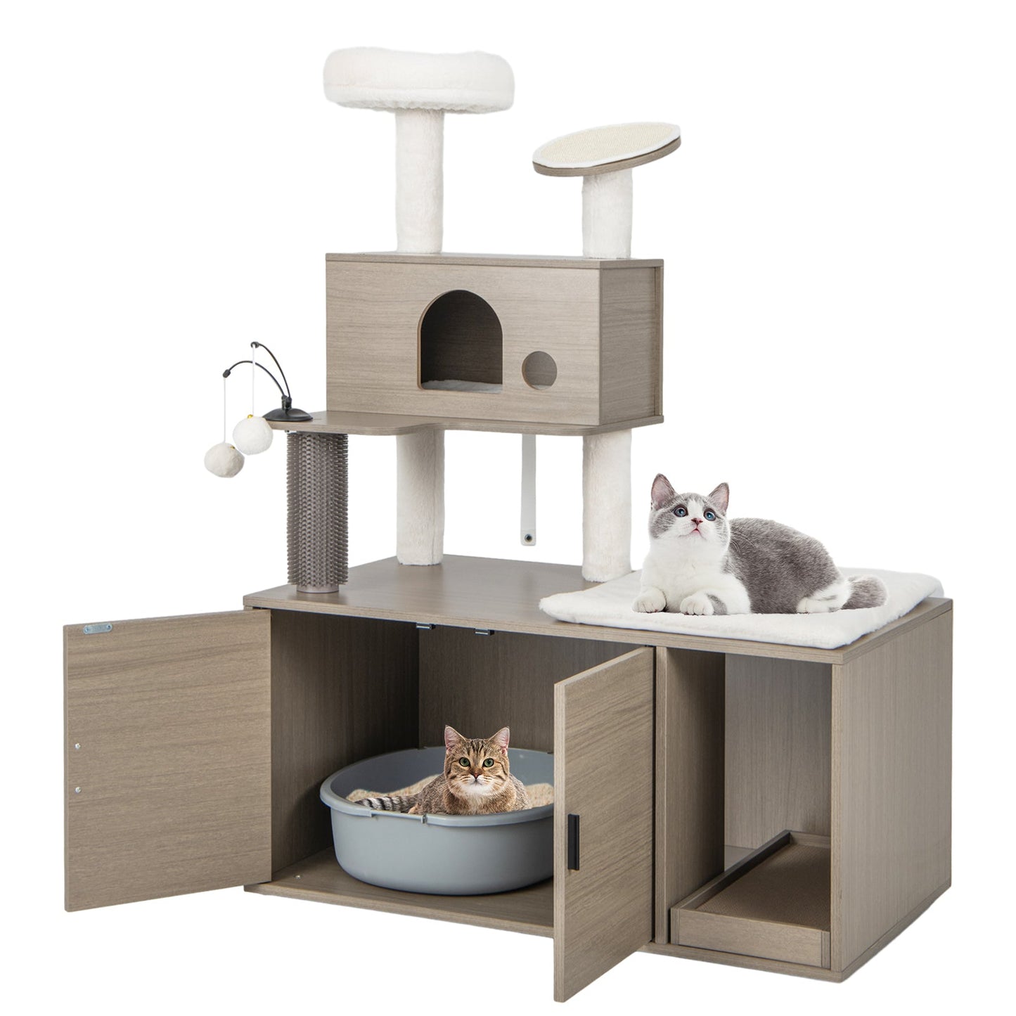 Tour à chat moderne 2-en-1 avec enclos pour bac à litière - Gris