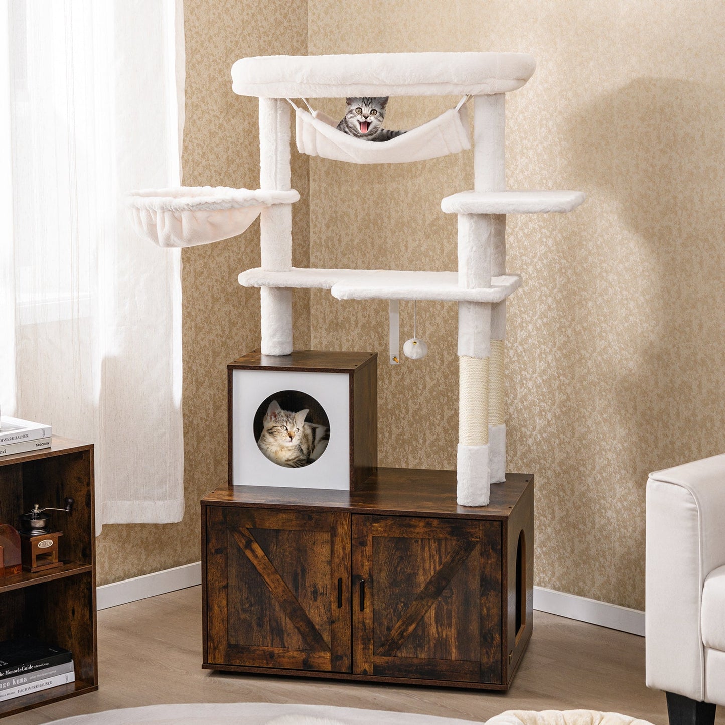 Rustic Brown Cat Tree with Litter Box Enclosure